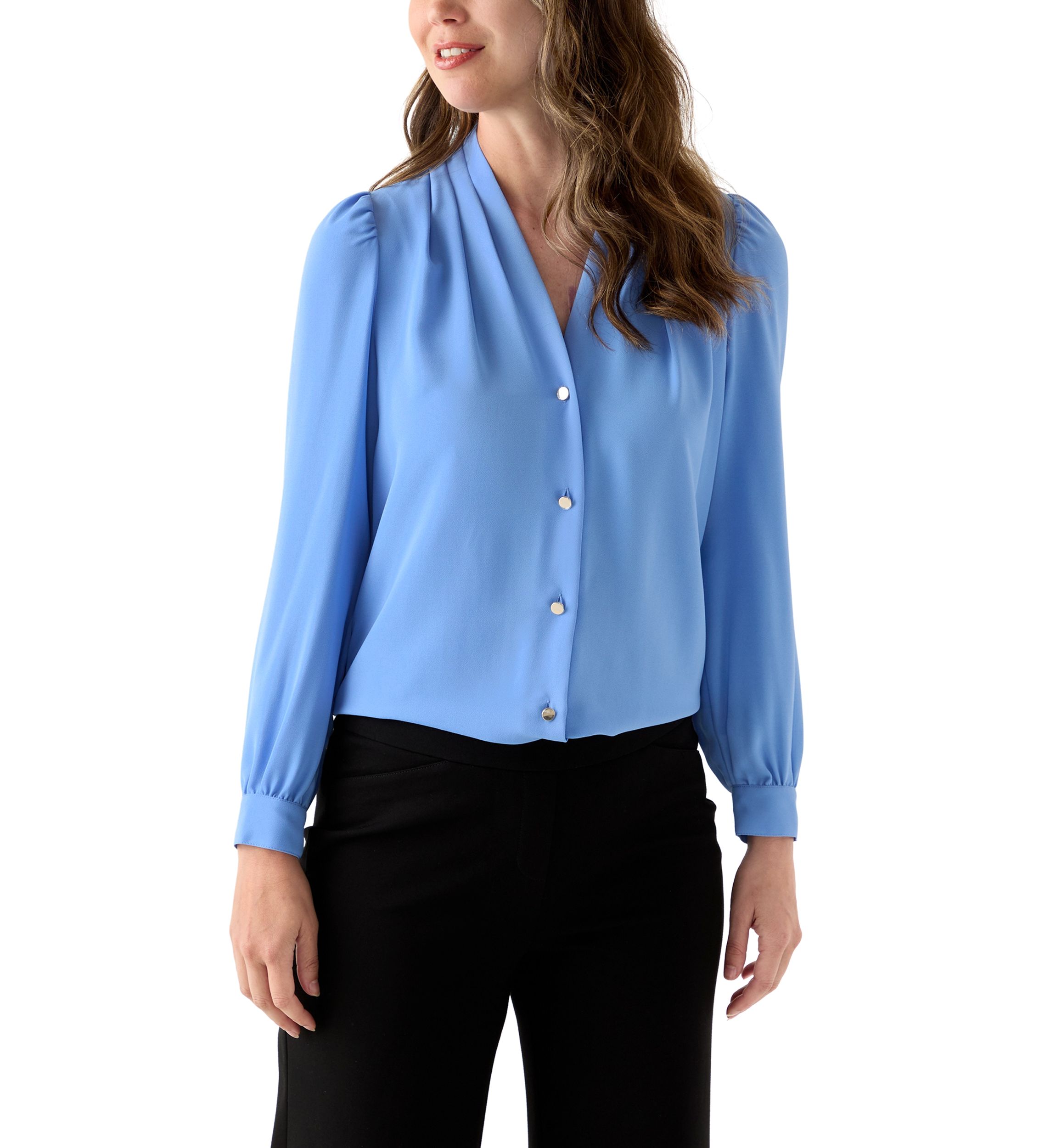 Womens Crepe Long Sleeve Button Front Blouse