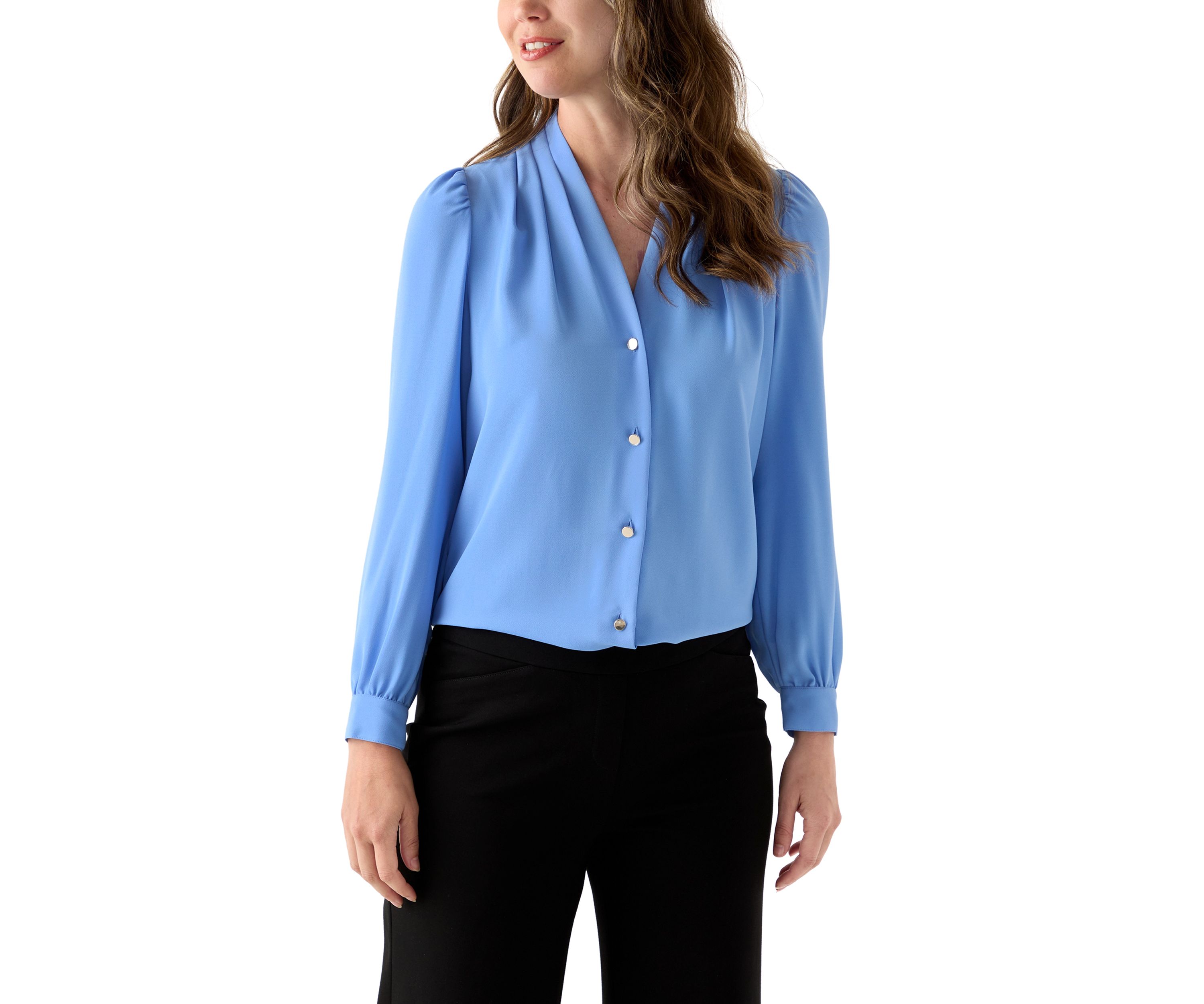 Womens Crepe Long Sleeve Button Front Blouse