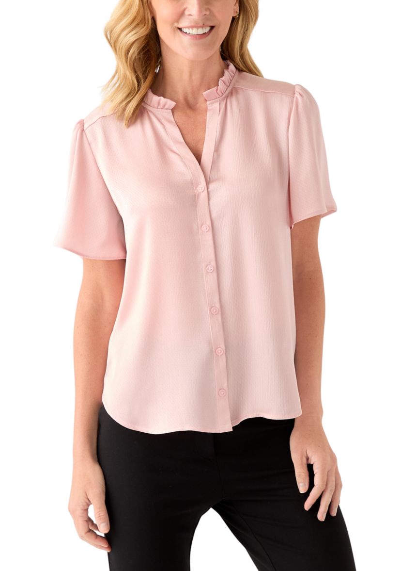 Womens Flutter Sleeve Button Front Ruffle Neck Blouse