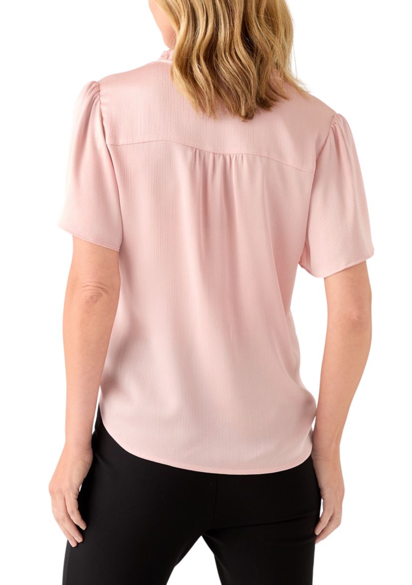Womens Flutter Sleeve Button Front Ruffle Neck Blouse
