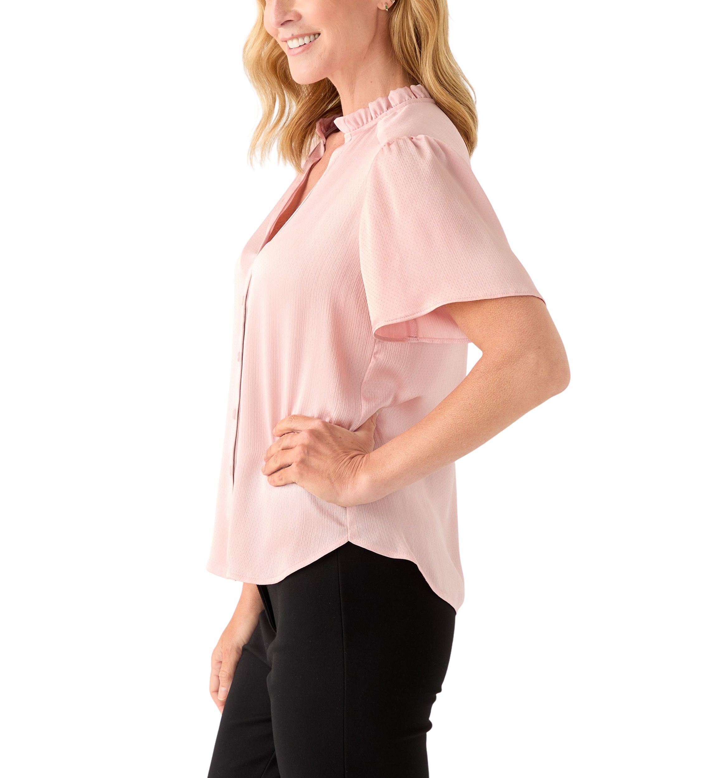 Womens Flutter Sleeve Button Front Ruffle Neck Blouse