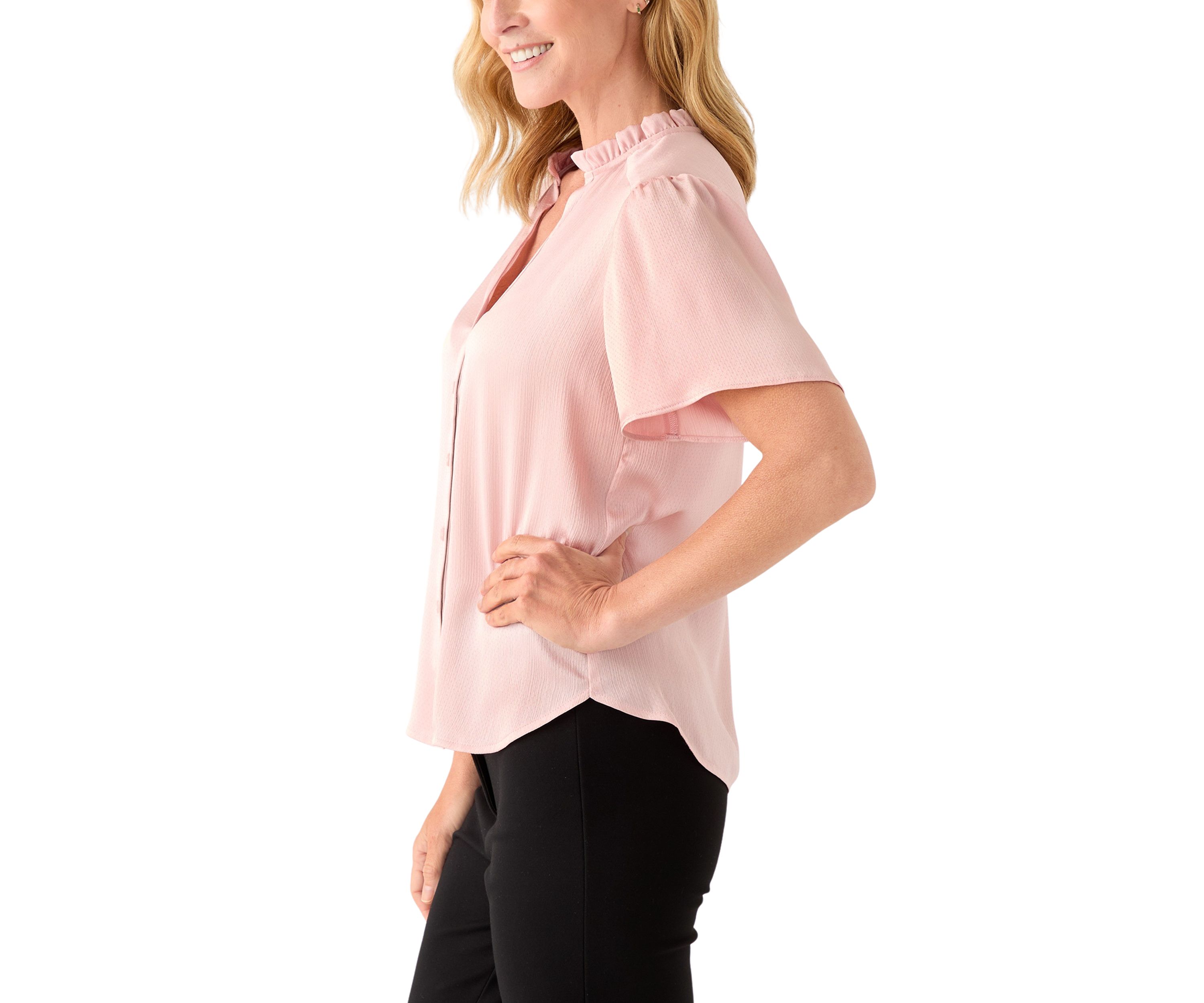 Womens Flutter Sleeve Button Front Ruffle Neck Blouse