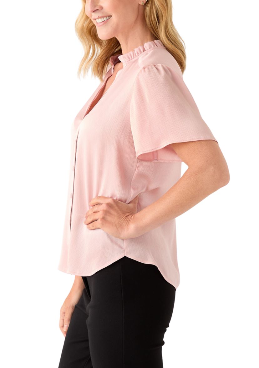 Womens Flutter Sleeve Button Front Ruffle Neck Blouse