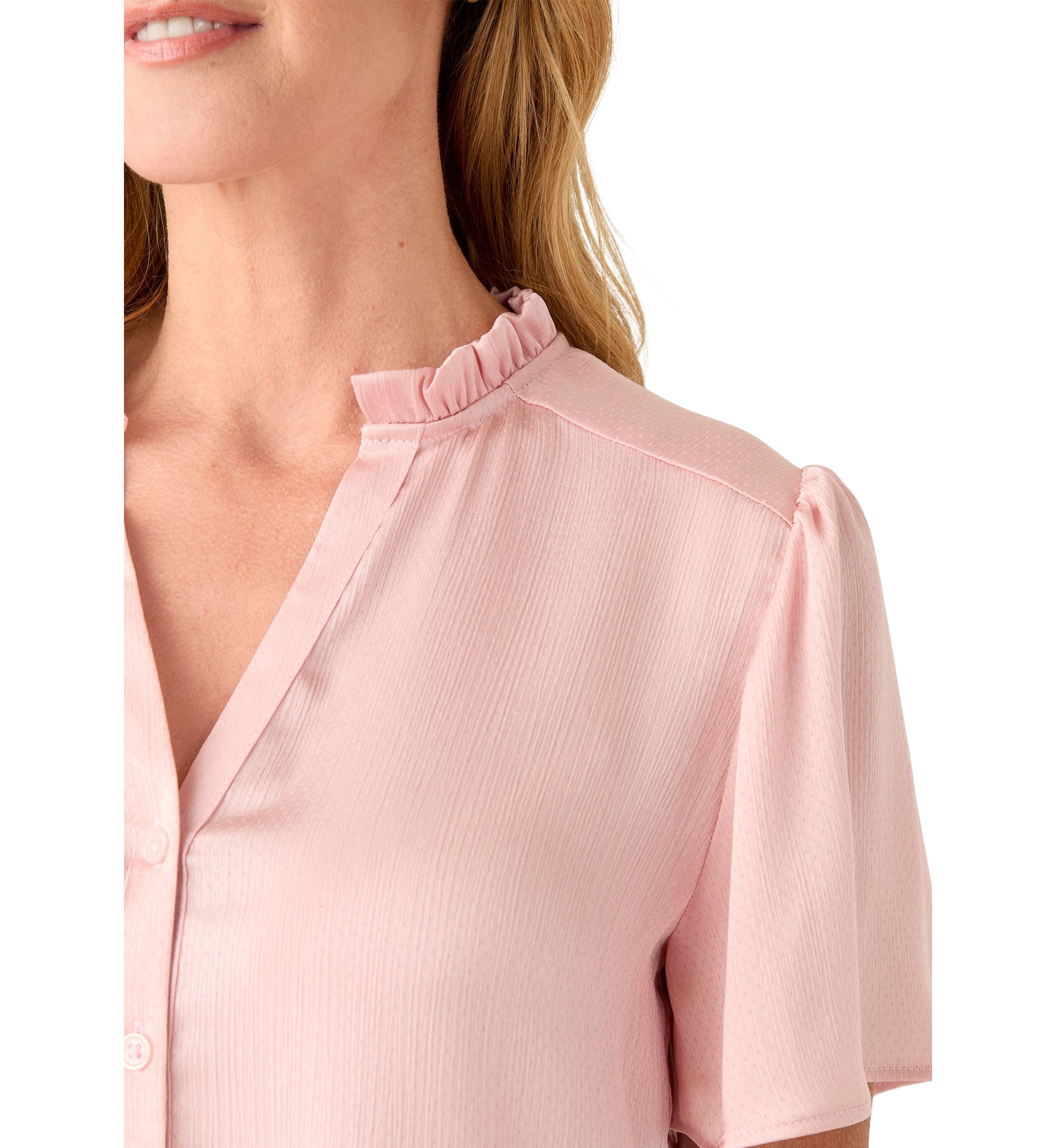 Womens Flutter Sleeve Button Front Ruffle Neck Blouse