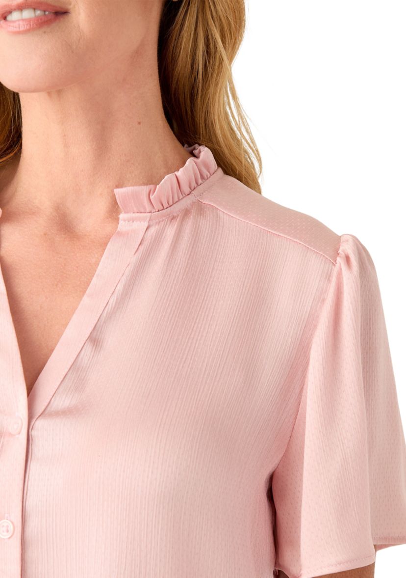 Womens Flutter Sleeve Button Front Ruffle Neck Blouse
