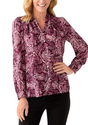 THE LIMITED Women's Long Sleeve Button Front Printed Pleat Shoulder Blouse