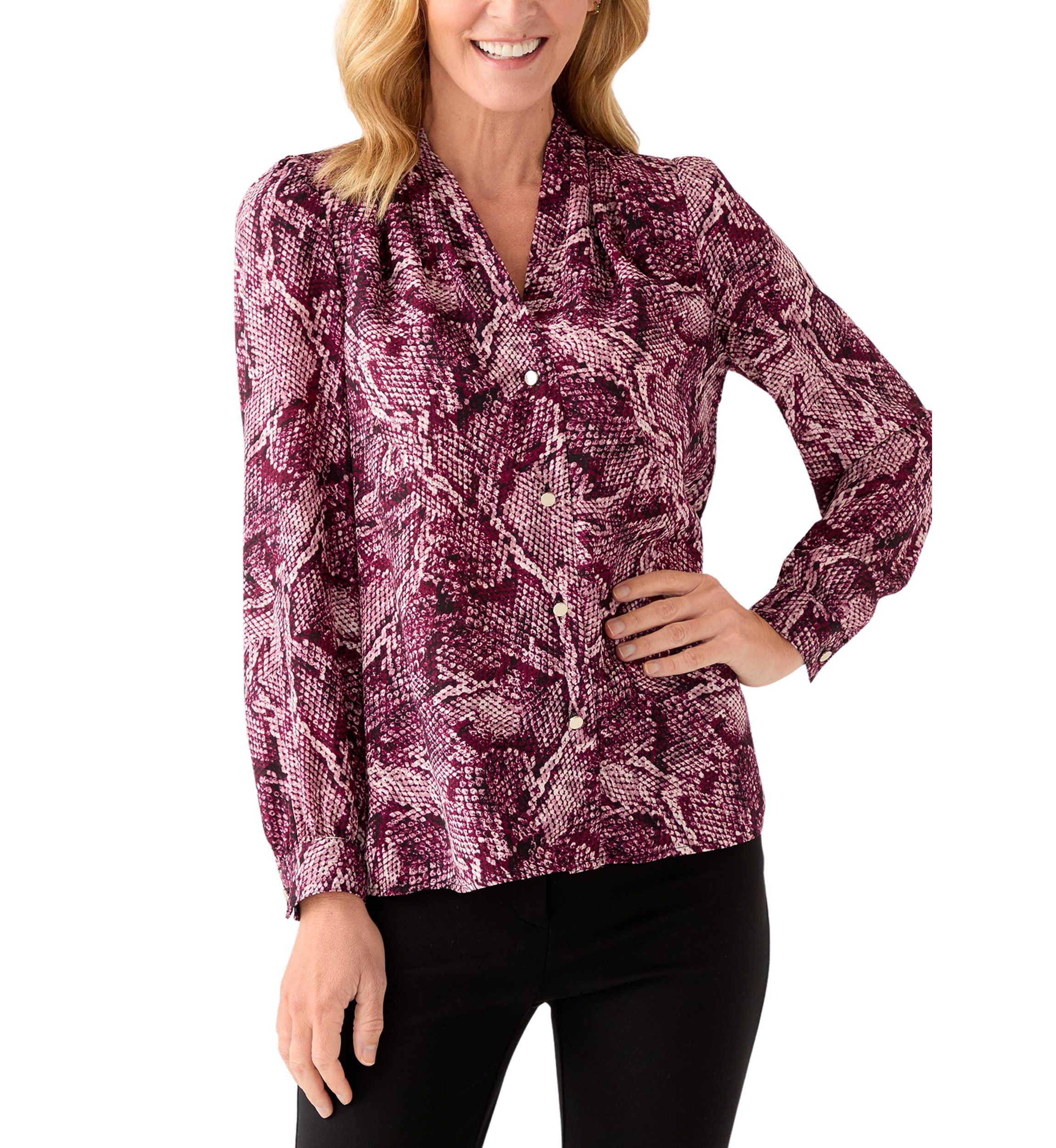 Womens Long Sleeve Button Front Printed Pleat Shoulder Blouse