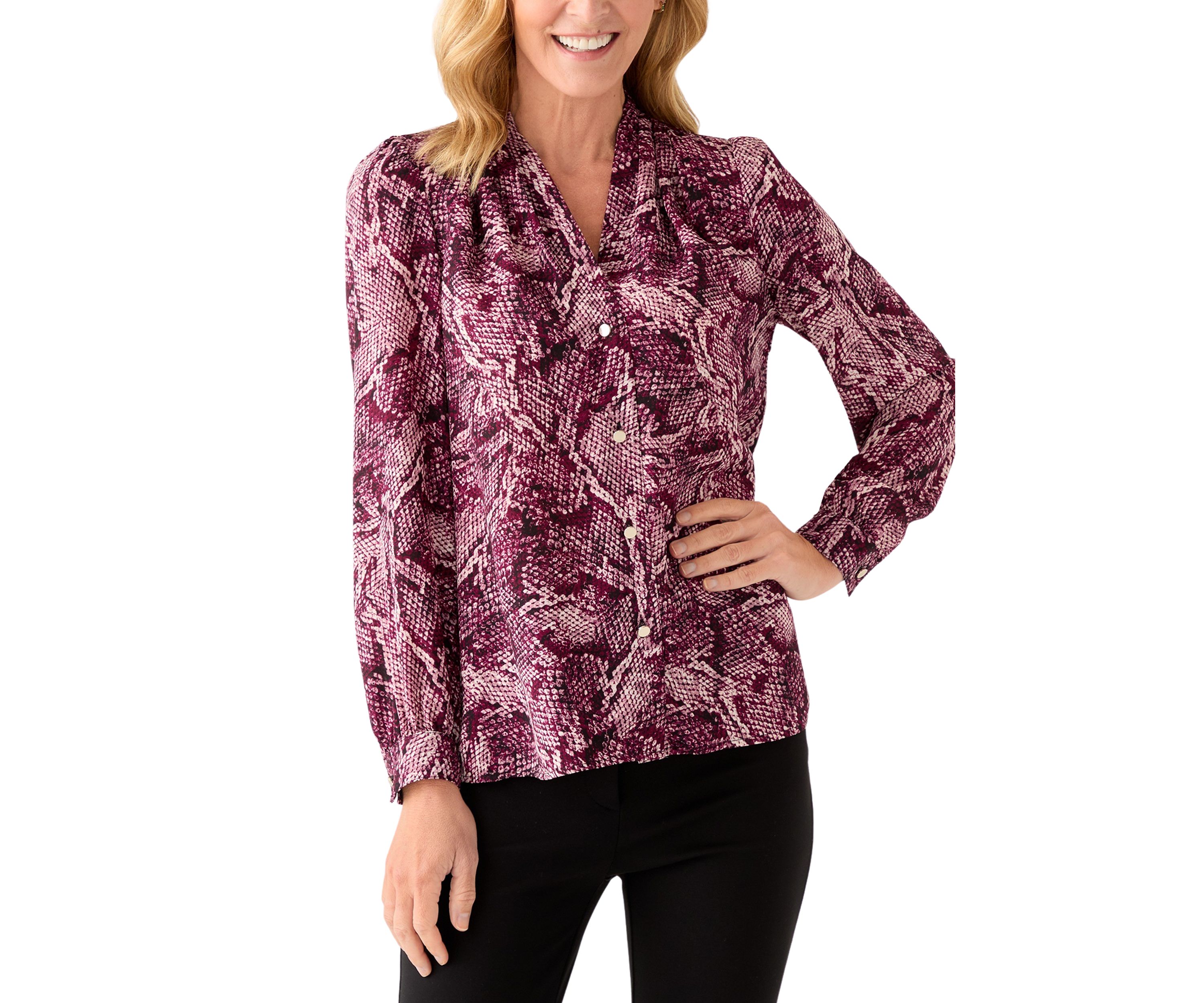 Womens Long Sleeve Button Front Printed Pleat Shoulder Blouse