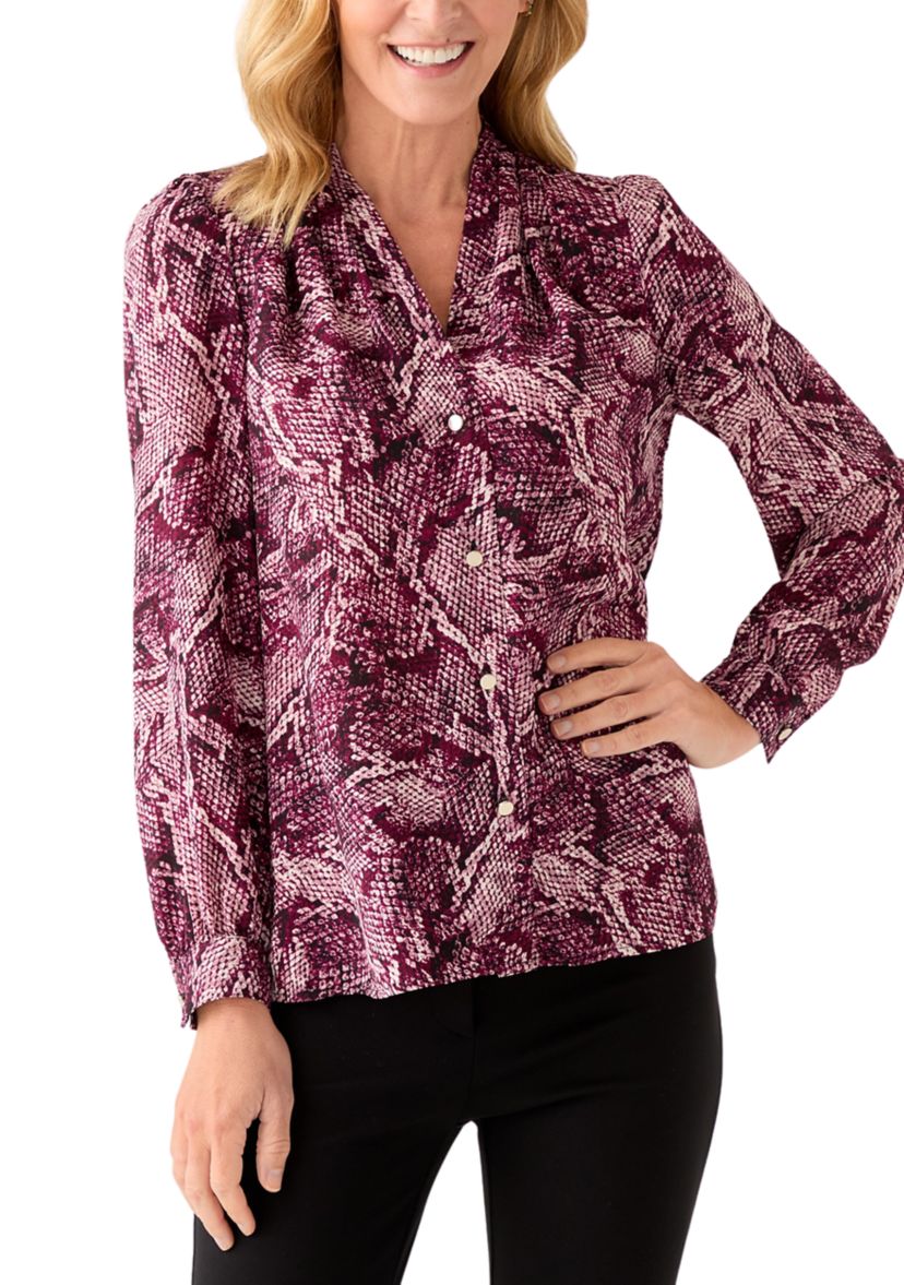 Womens Long Sleeve Button Front Printed Pleat Shoulder Blouse