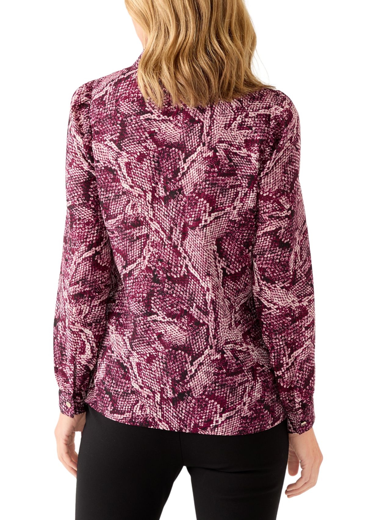 Womens Long Sleeve Button Front Printed Pleat Shoulder Blouse