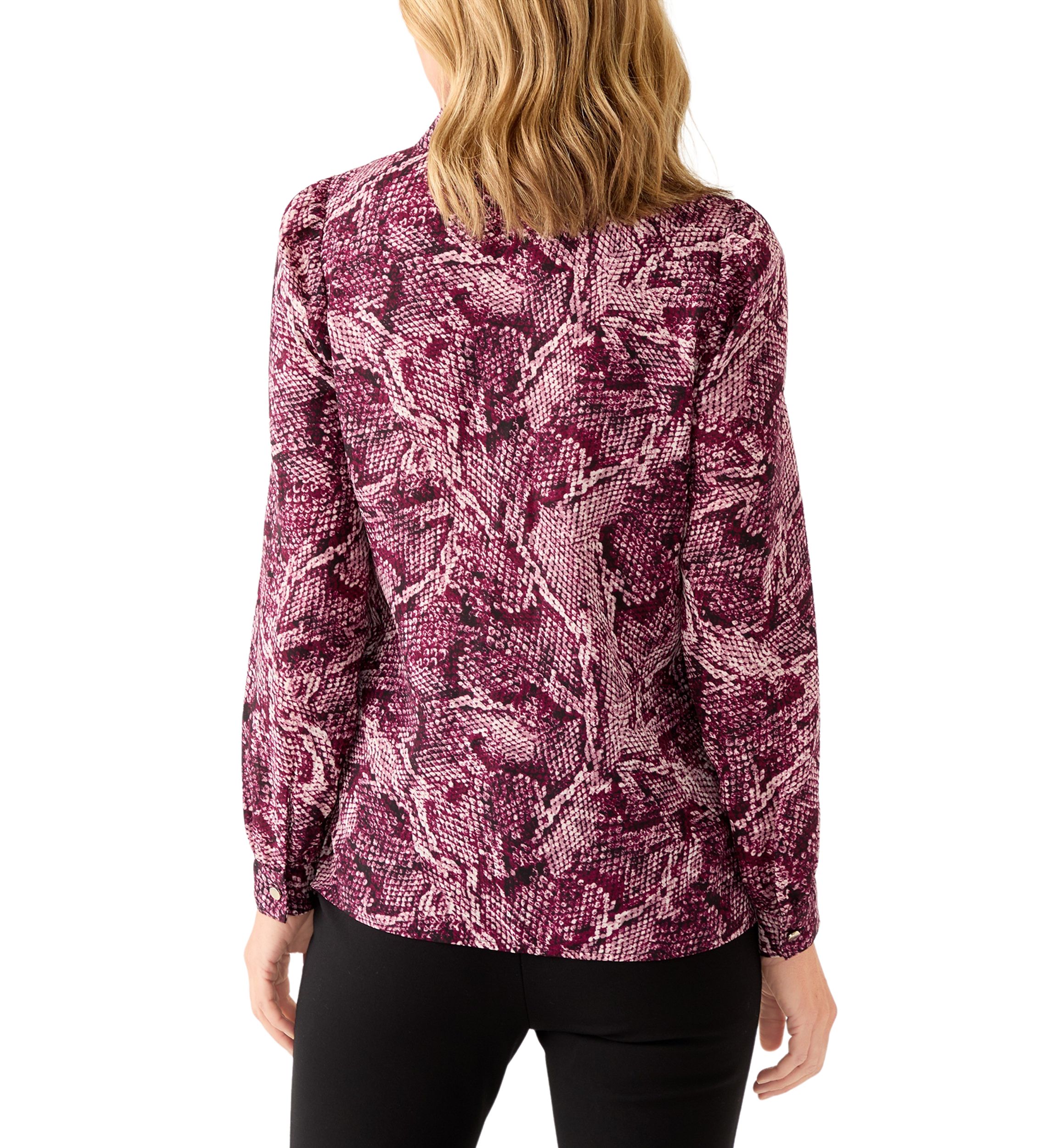 Womens Long Sleeve Button Front Printed Pleat Shoulder Blouse