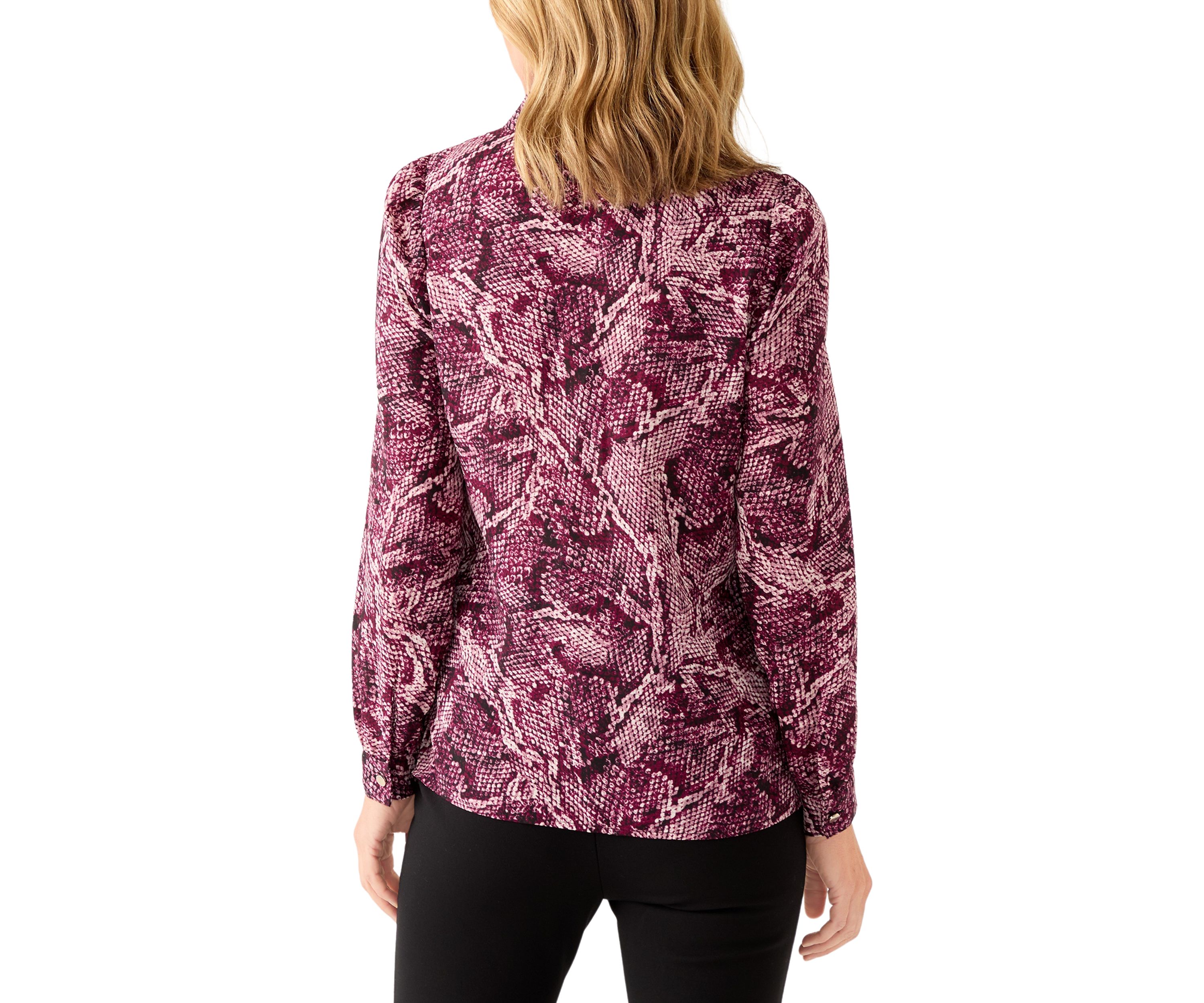 Womens Long Sleeve Button Front Printed Pleat Shoulder Blouse