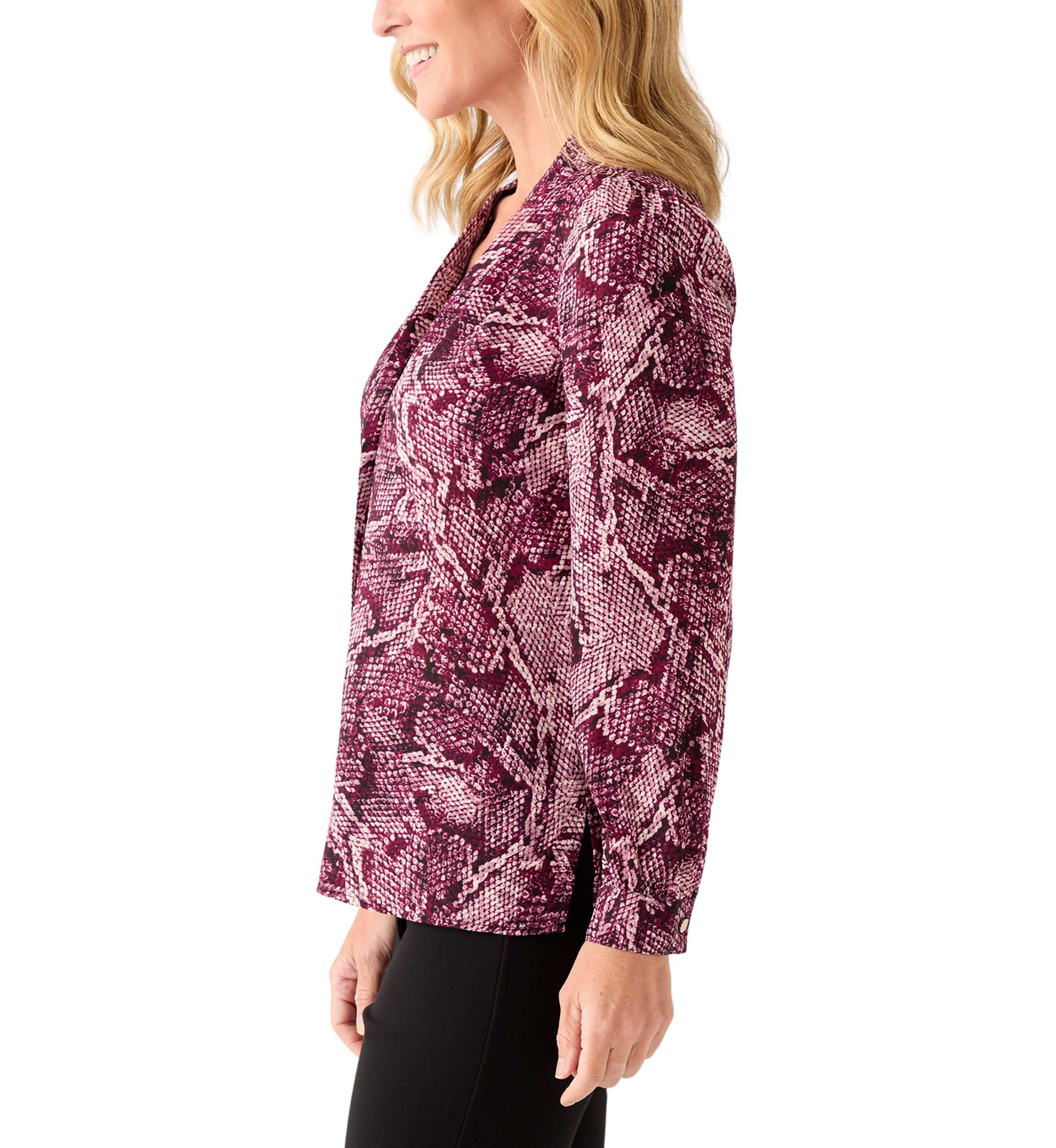 Womens Long Sleeve Button Front Printed Pleat Shoulder Blouse