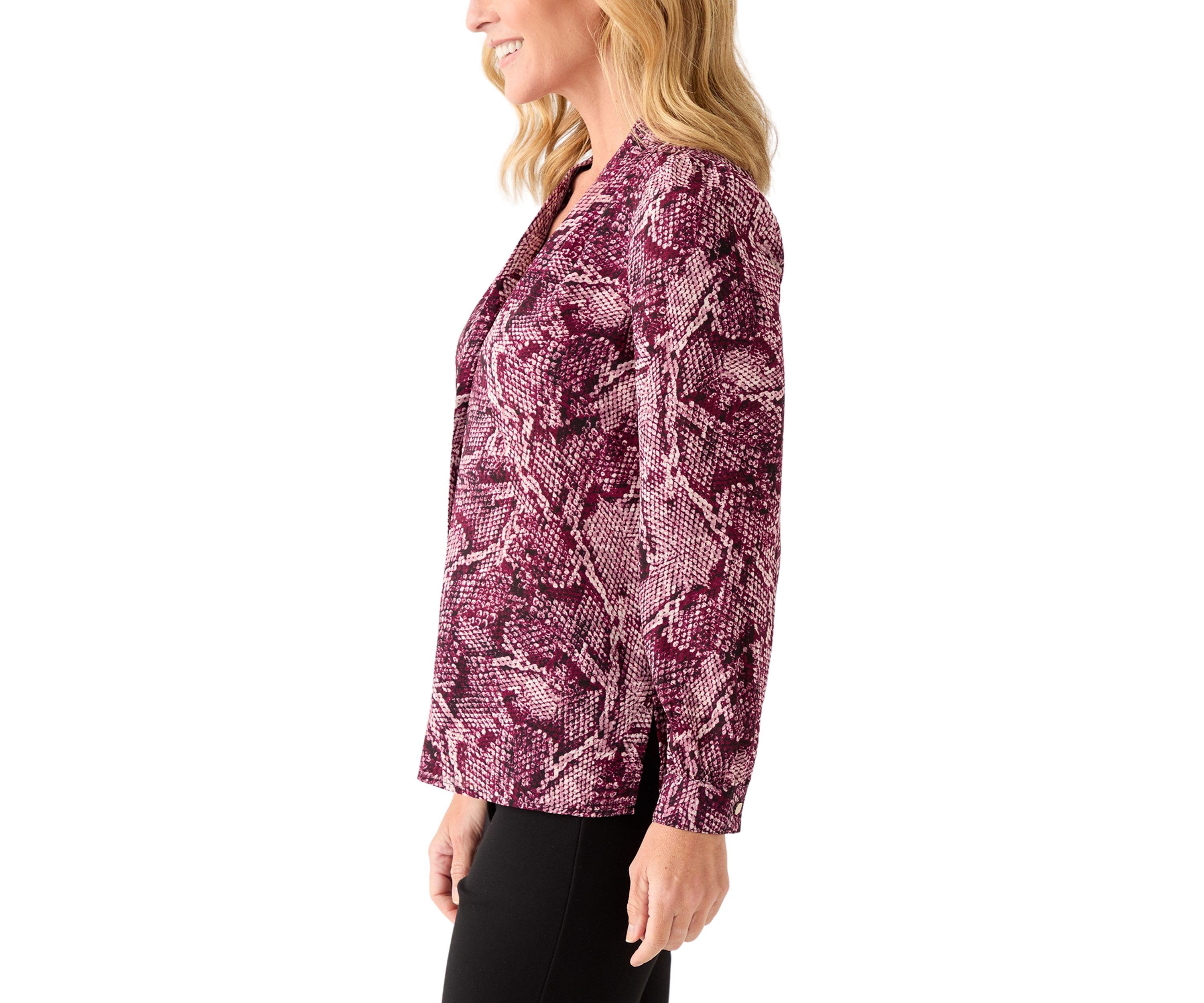 Womens Long Sleeve Button Front Printed Pleat Shoulder Blouse