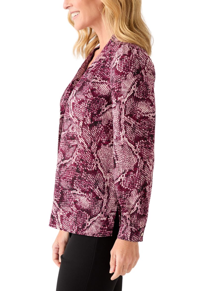 Womens Long Sleeve Button Front Printed Pleat Shoulder Blouse