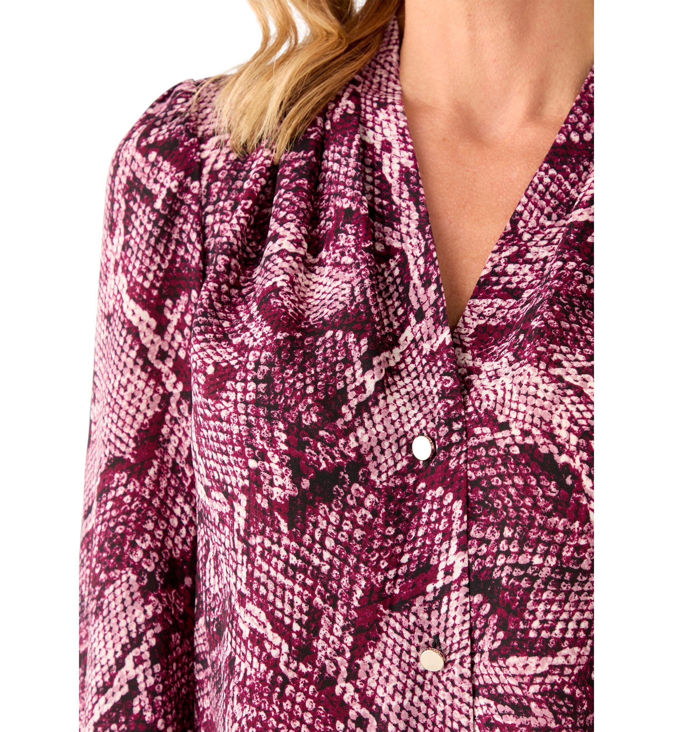 Womens Long Sleeve Button Front Printed Pleat Shoulder Blouse