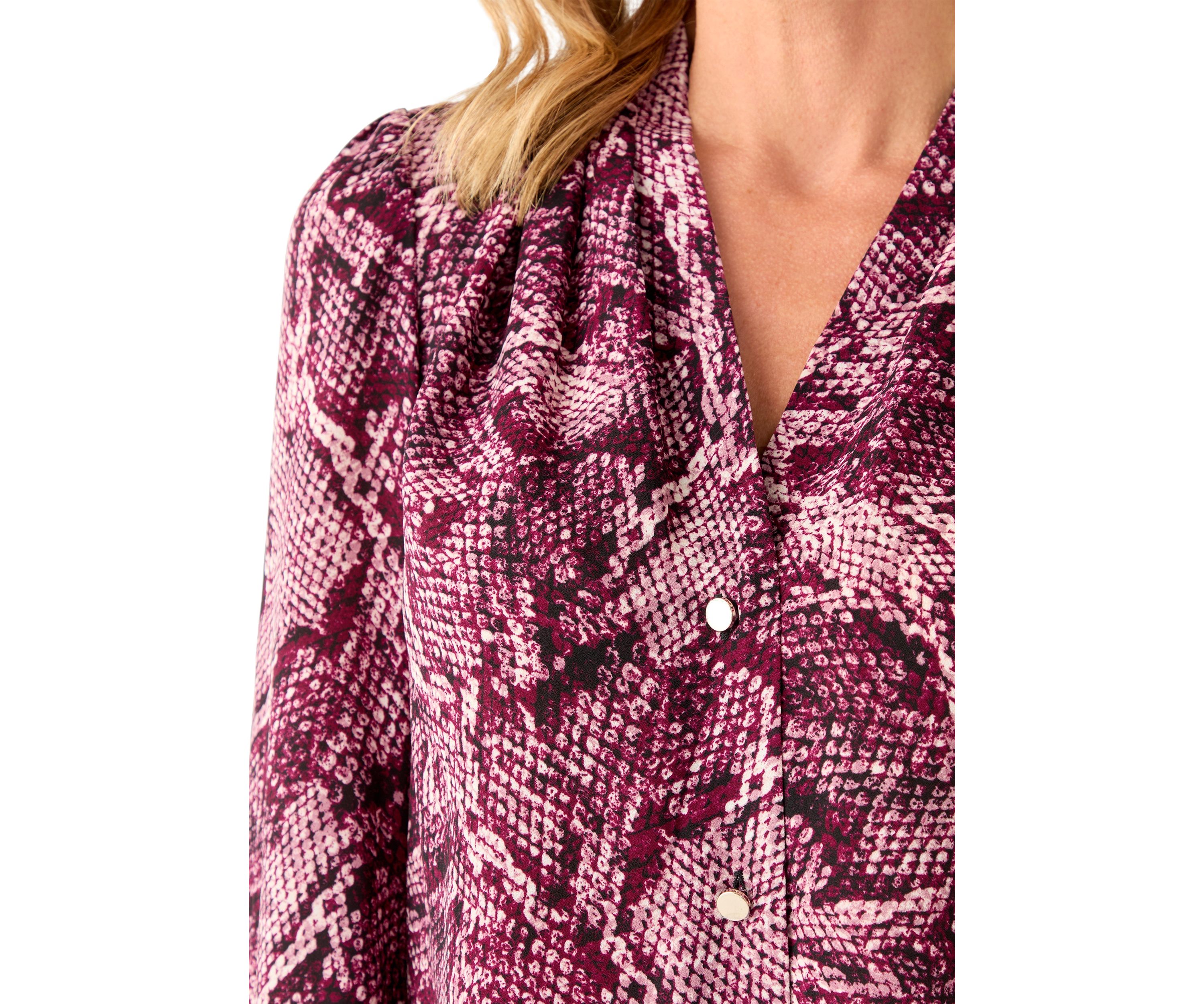 Womens Long Sleeve Button Front Printed Pleat Shoulder Blouse