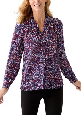 THE LIMITED Women's Long Sleeve Button Front Printed Pleat Shoulder Blouse, Blue, XXL