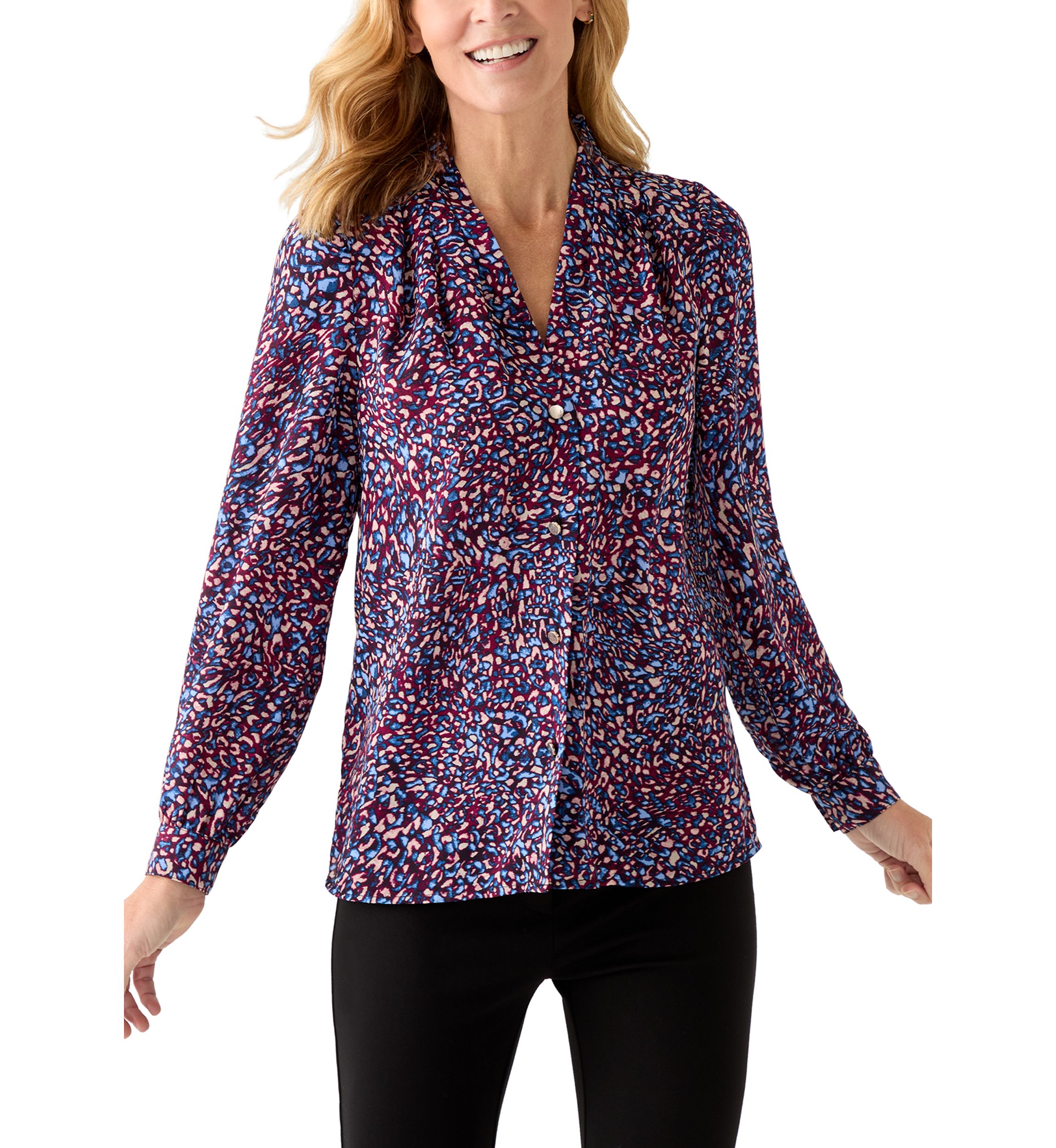 Petite Long Sleeve Button Front Pleat Blouse