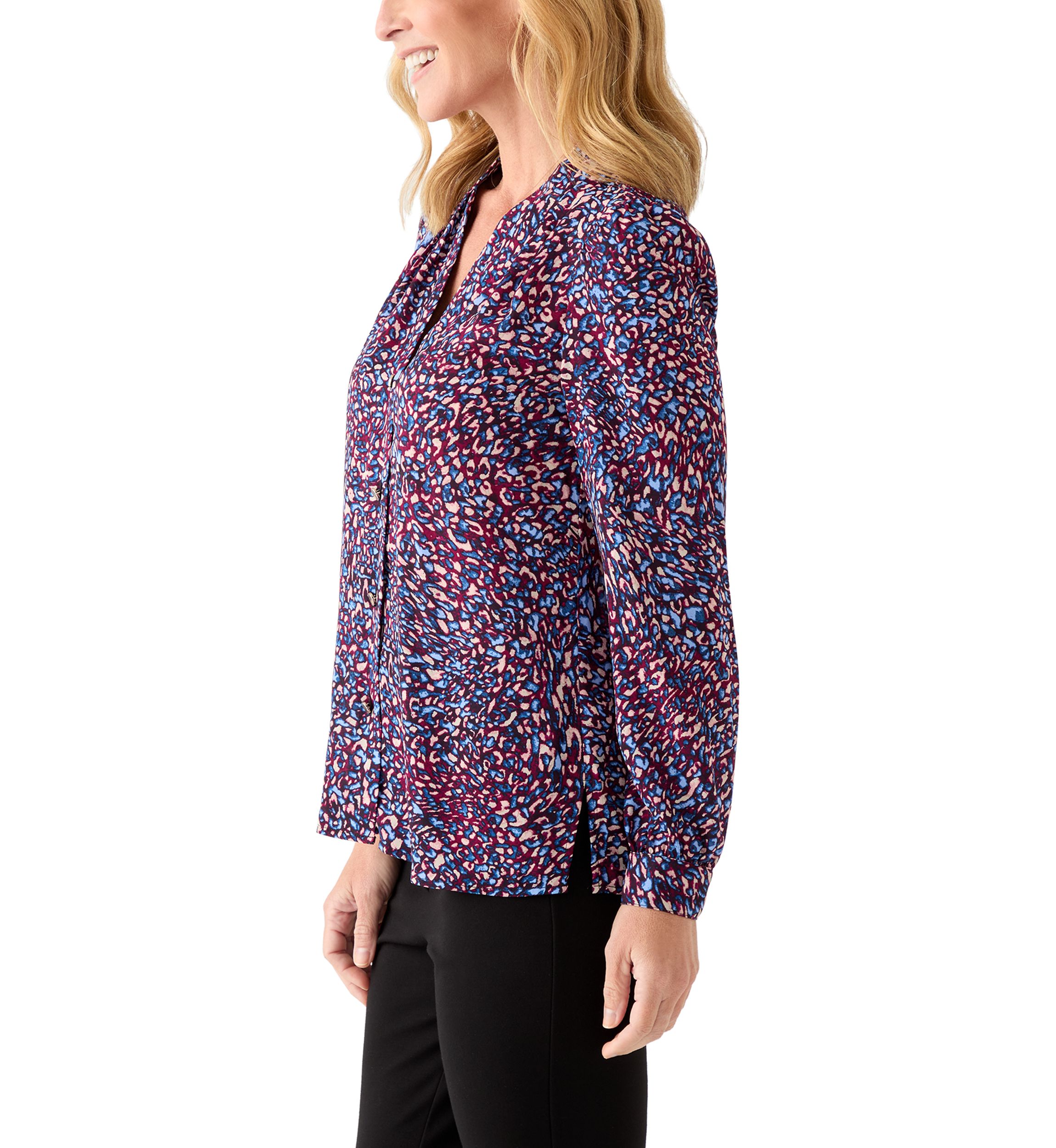 Petite Long Sleeve Button Front Pleat Blouse