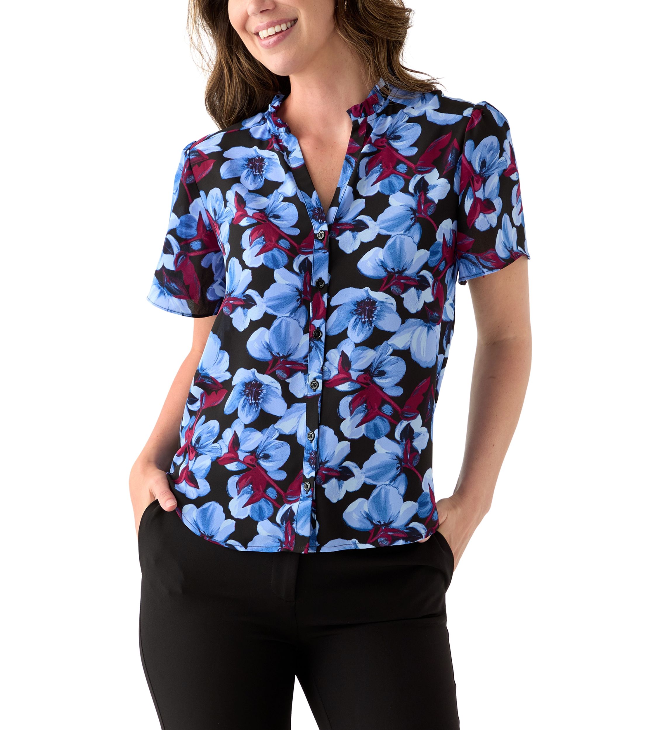 Womens Button Front Ruffle Neck Blouse