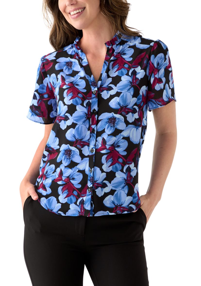 Womens Button Front Ruffle Neck Blouse