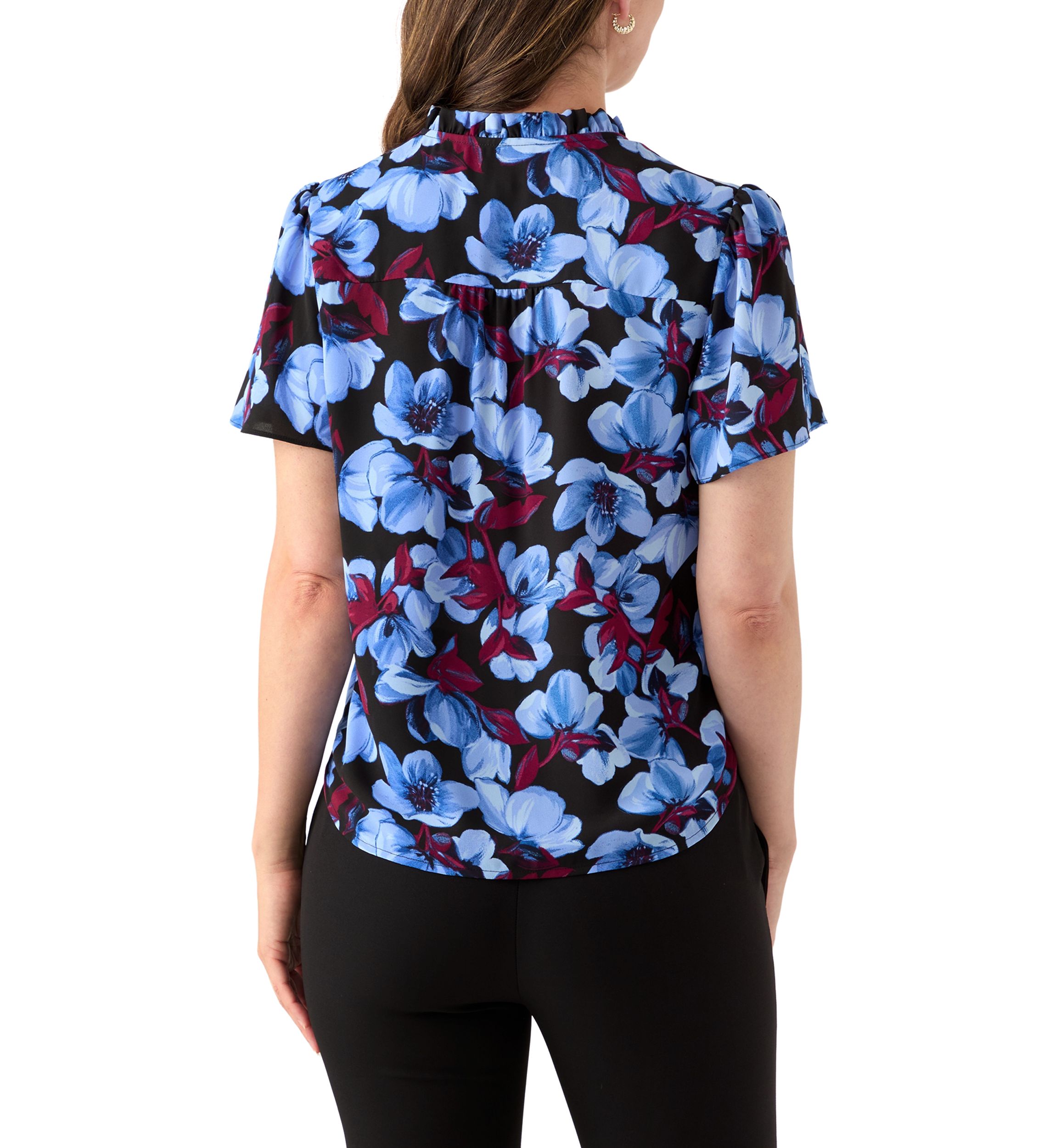 Womens Button Front Ruffle Neck Blouse