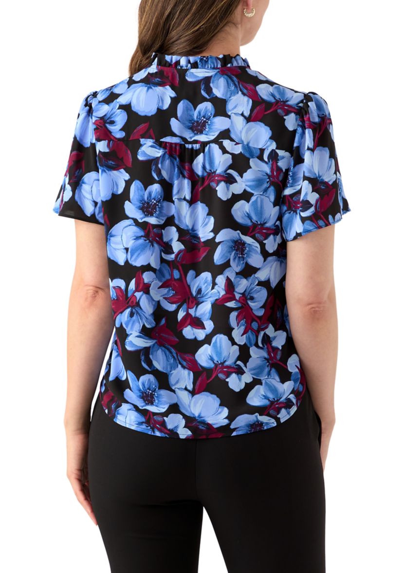 Womens Button Front Ruffle Neck Blouse