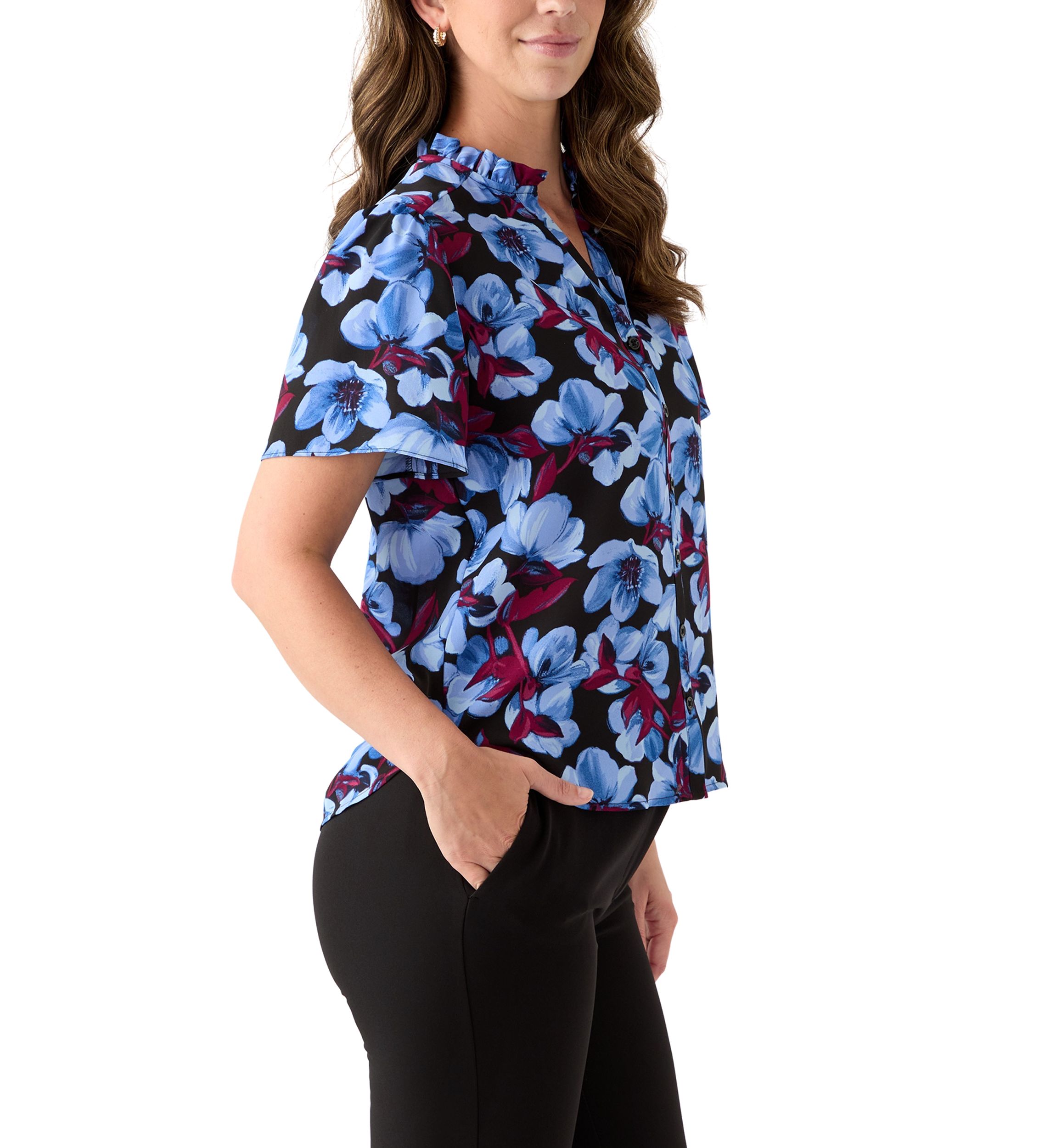 Womens Button Front Ruffle Neck Blouse