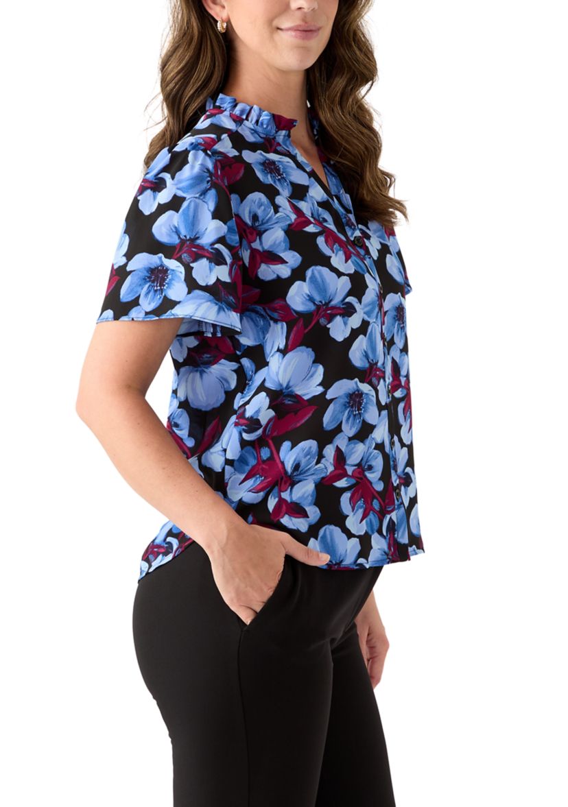 Womens Button Front Ruffle Neck Blouse