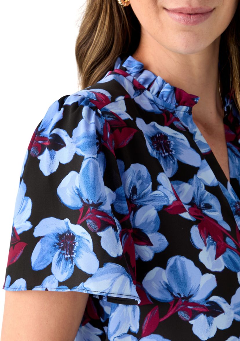 Womens Button Front Ruffle Neck Blouse