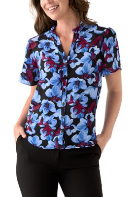 THE LIMITED Women's Petite Button Front Blouse with Ruffle Neck