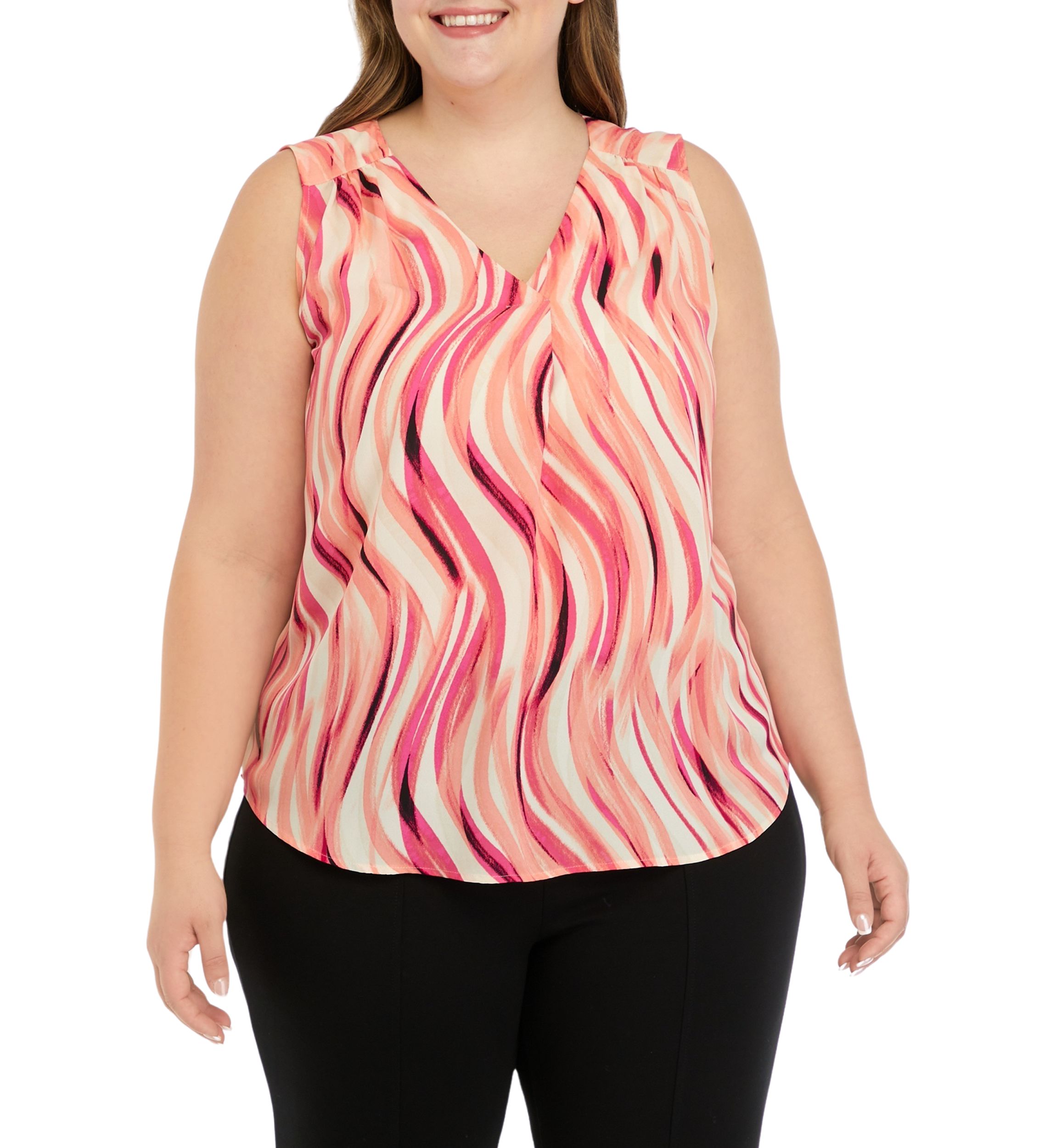 Plus Size Swirl Print Sleeveless V-Neck Blouse