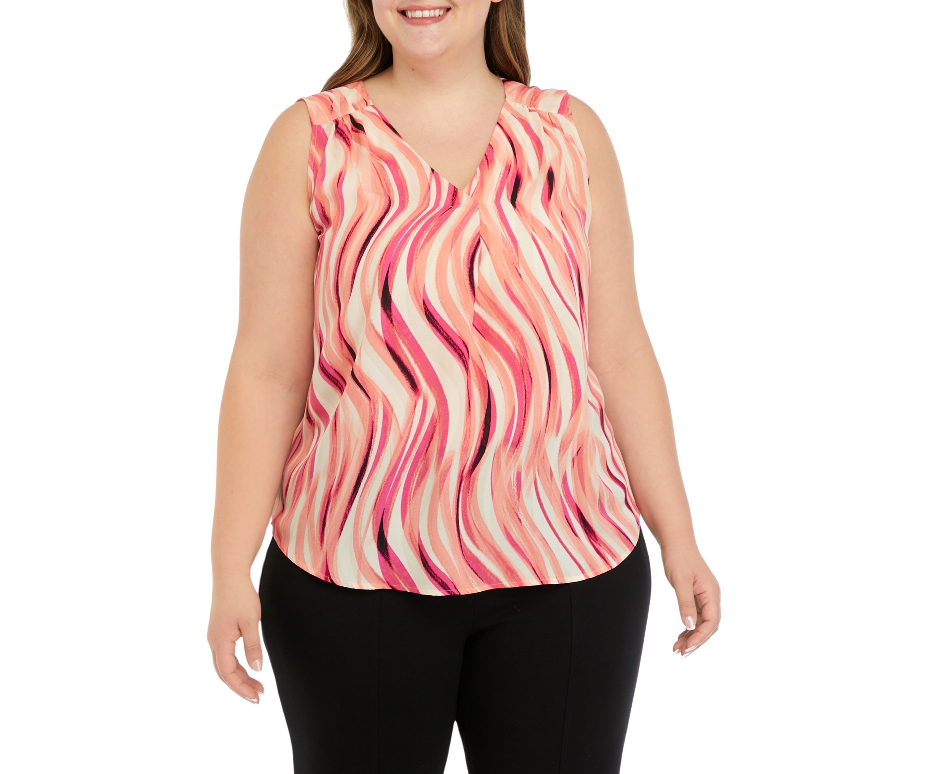 Plus Size Swirl Print Sleeveless V-Neck Blouse