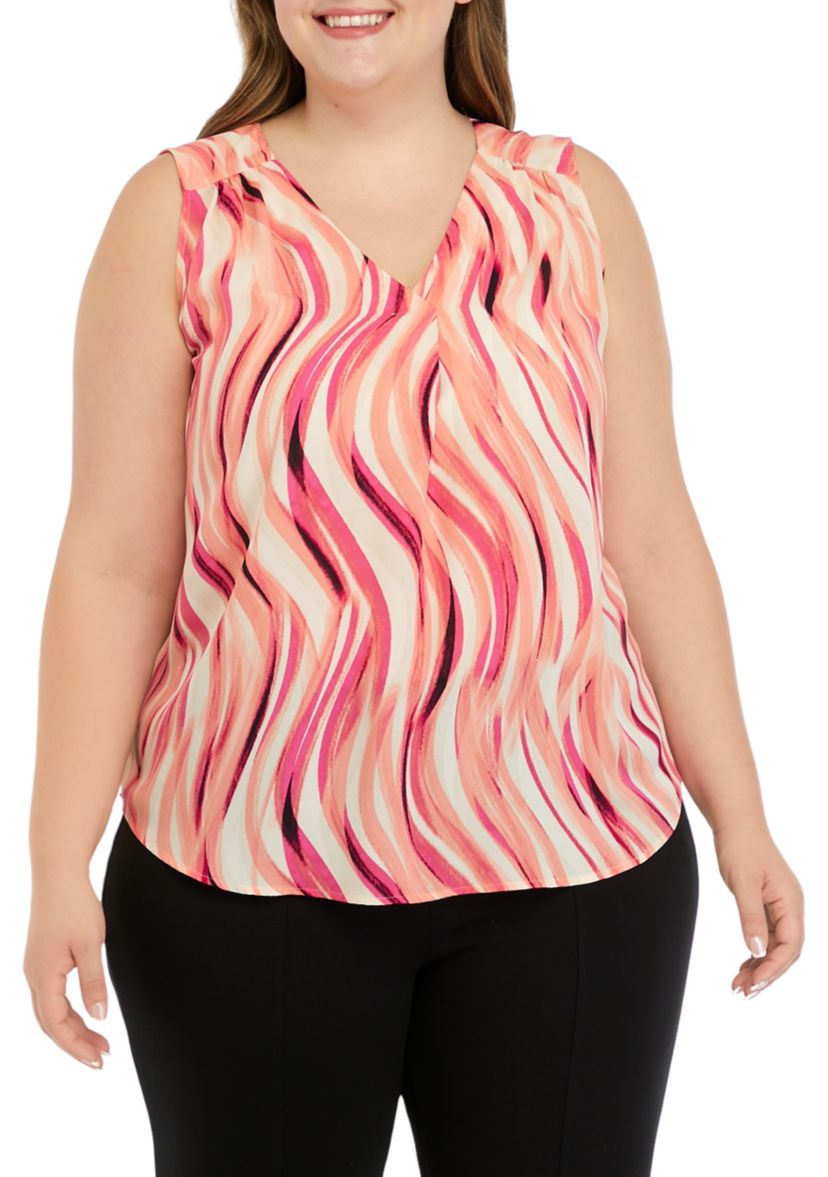 Plus Size Swirl Print Sleeveless V-Neck Blouse