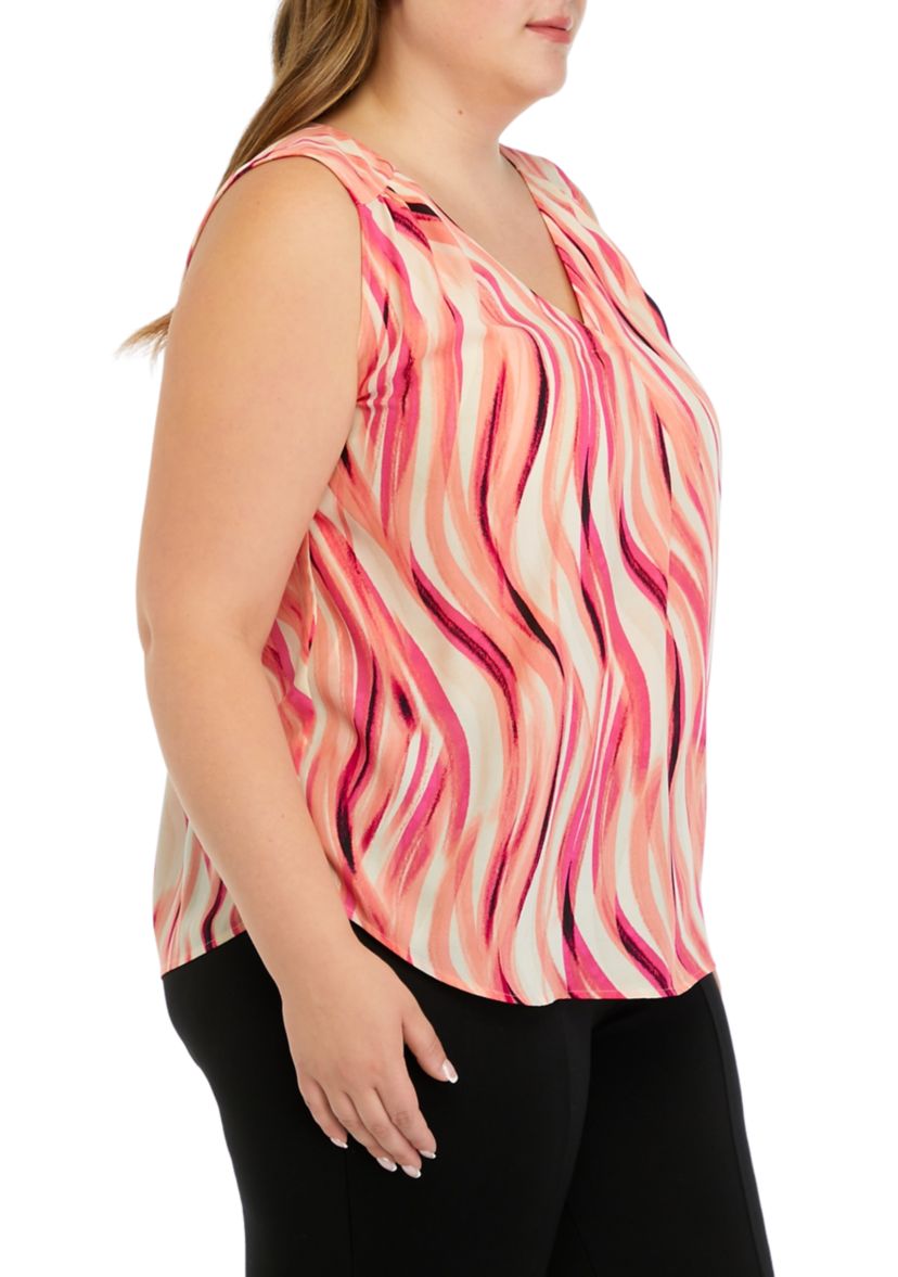 Plus Size Swirl Print Sleeveless V-Neck Blouse