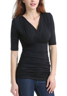 phistic Women's Ruched V-Neck Top, Black, XL