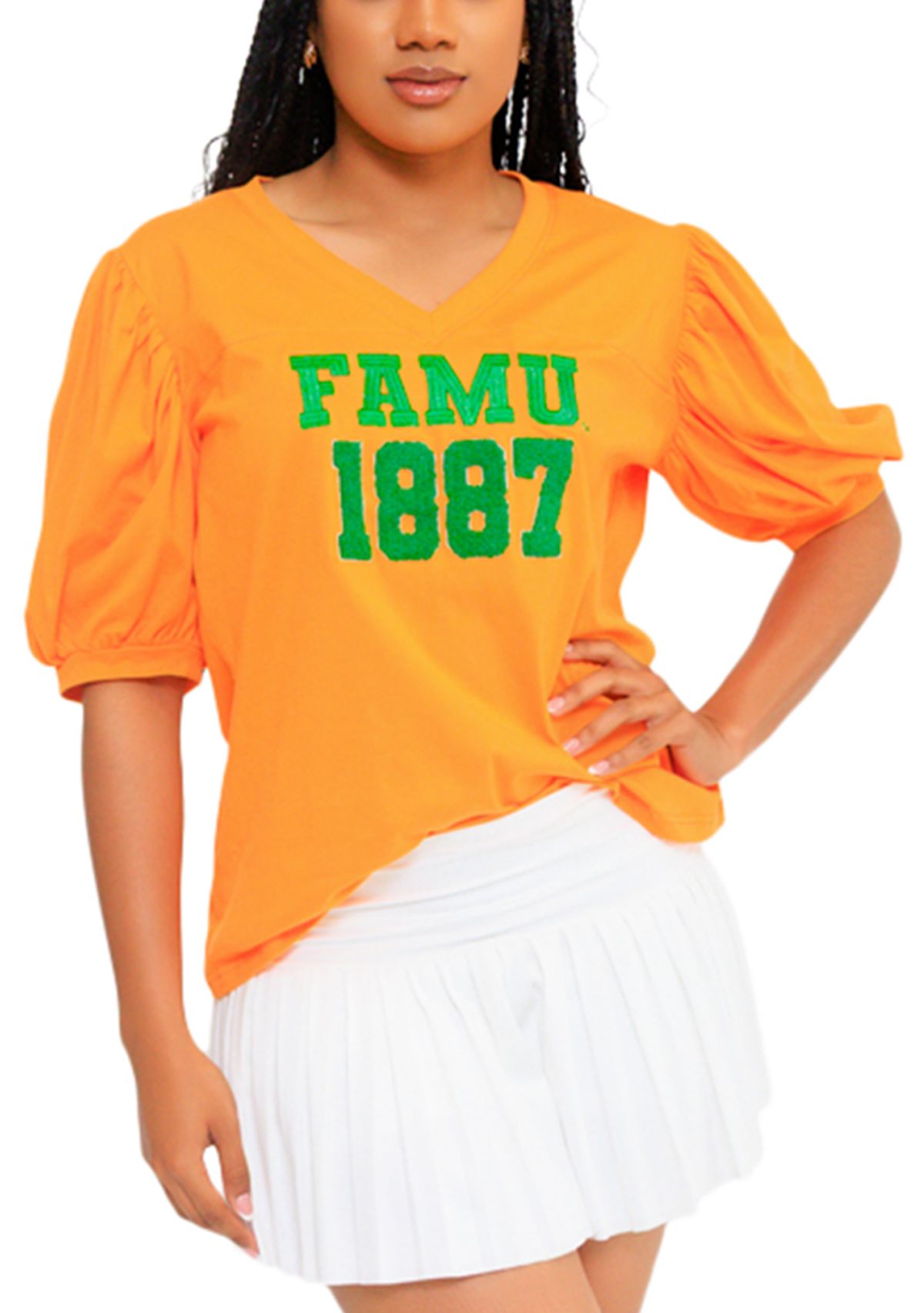 NCAA Florida A&M Rattlers FAMU Puff Sleeve V-Neck T-Shirt