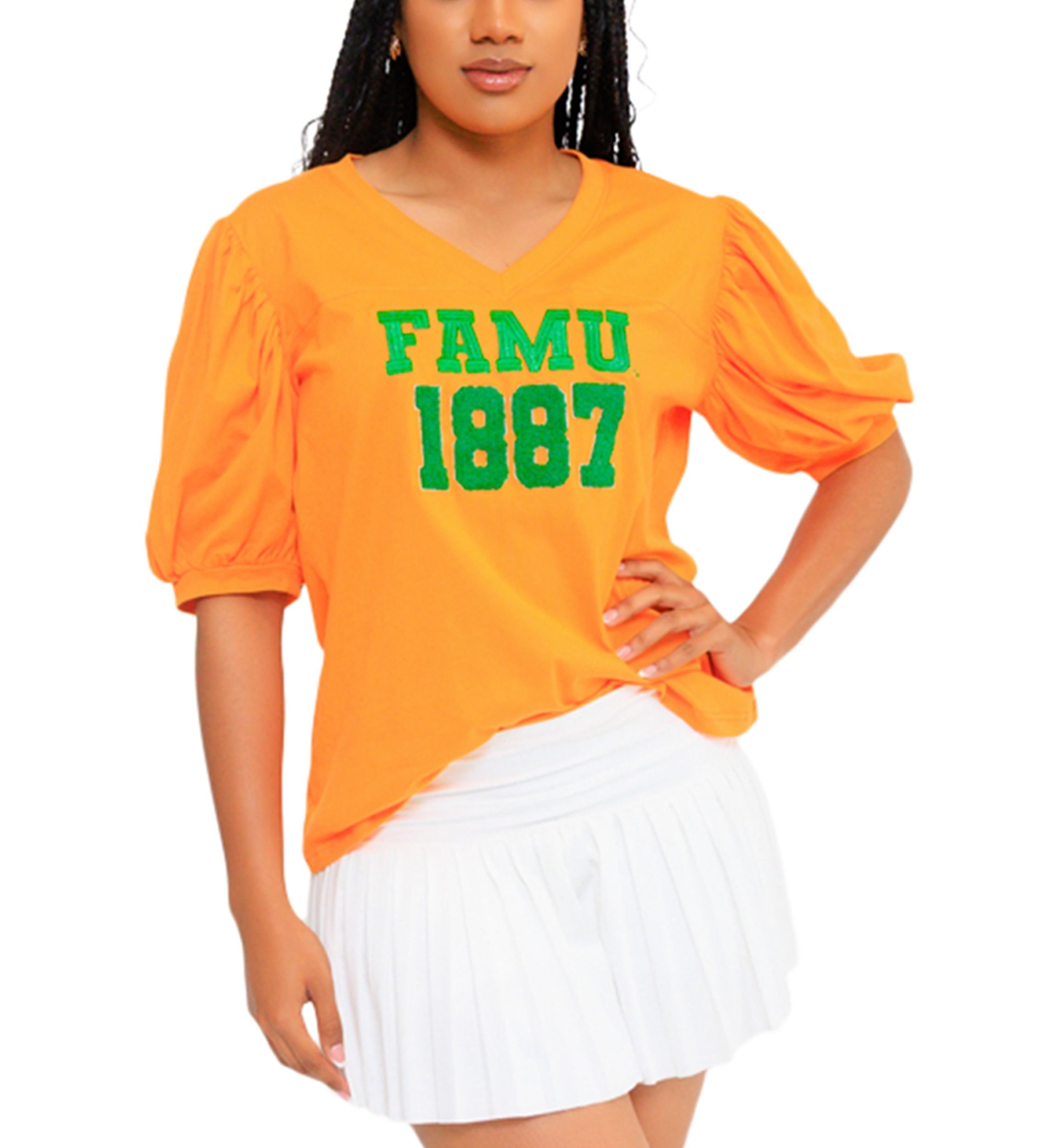 NCAA Florida A&M Rattlers FAMU Puff Sleeve V-Neck T-Shirt