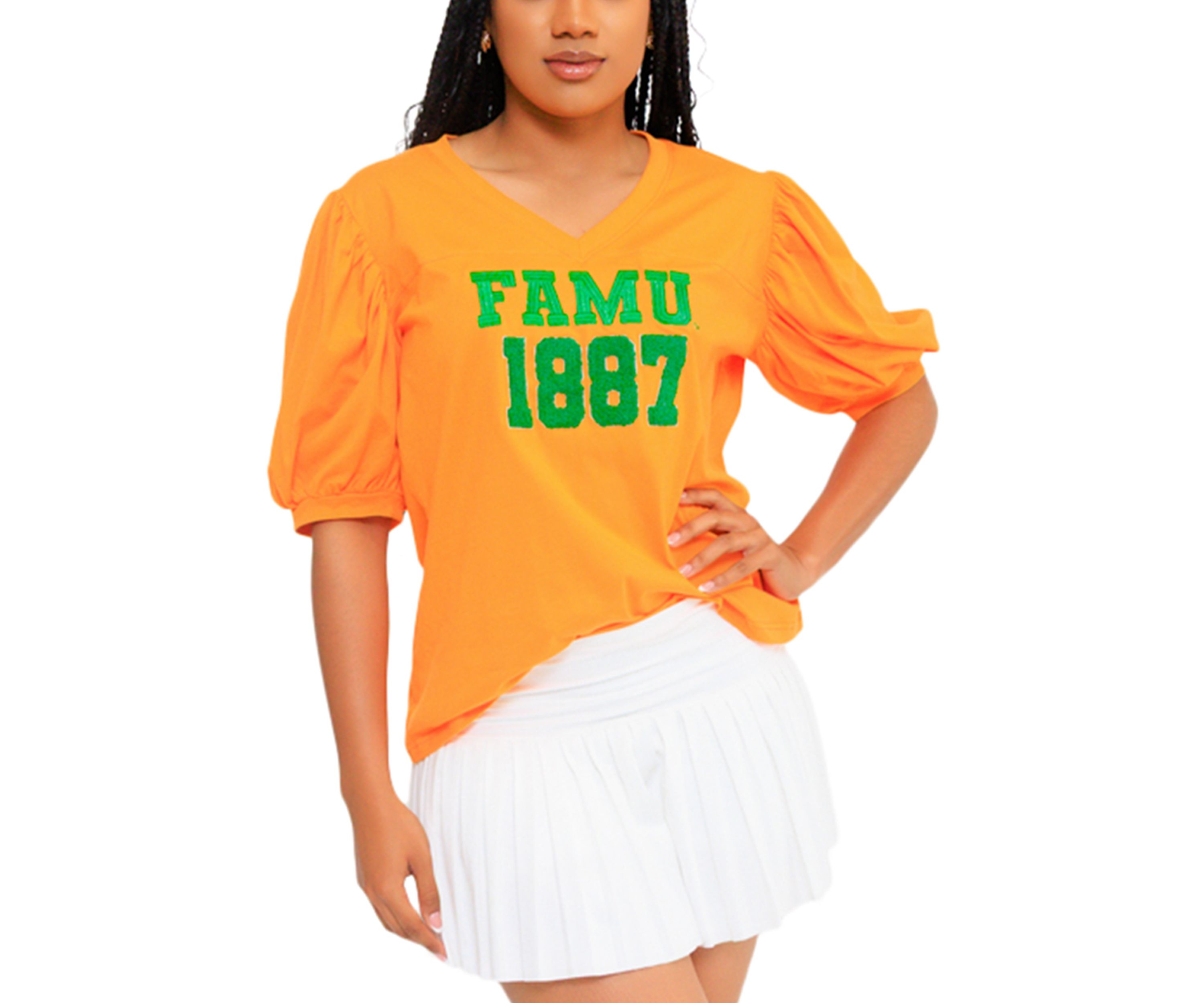 NCAA Florida A&M Rattlers FAMU Puff Sleeve V-Neck T-Shirt