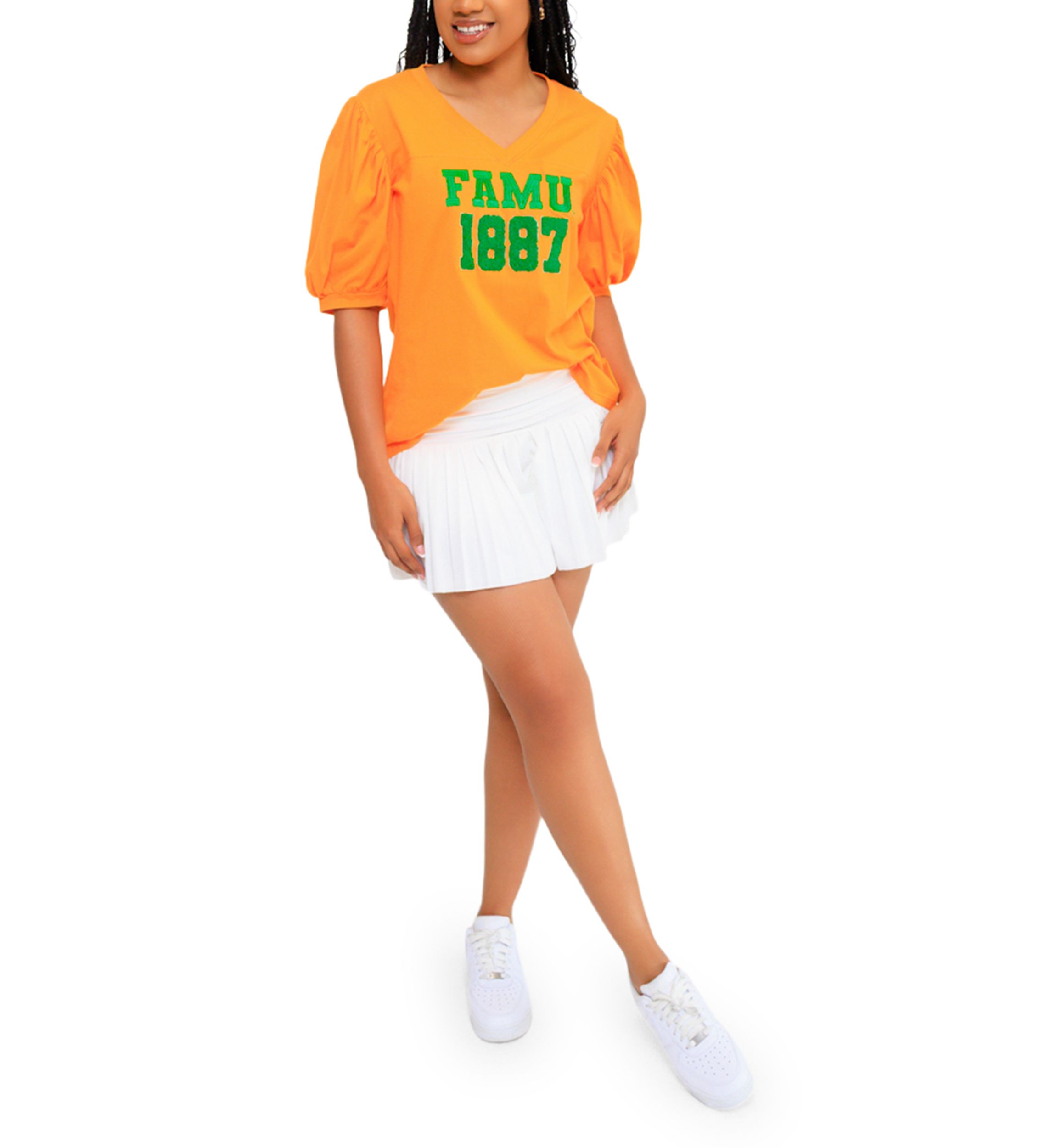 NCAA Florida A&M Rattlers FAMU Puff Sleeve V-Neck T-Shirt