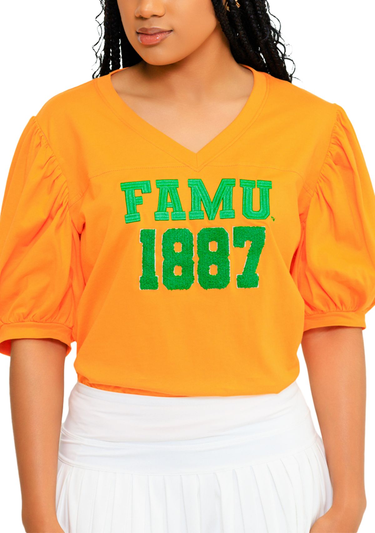 NCAA Florida A&M Rattlers FAMU Puff Sleeve V-Neck T-Shirt