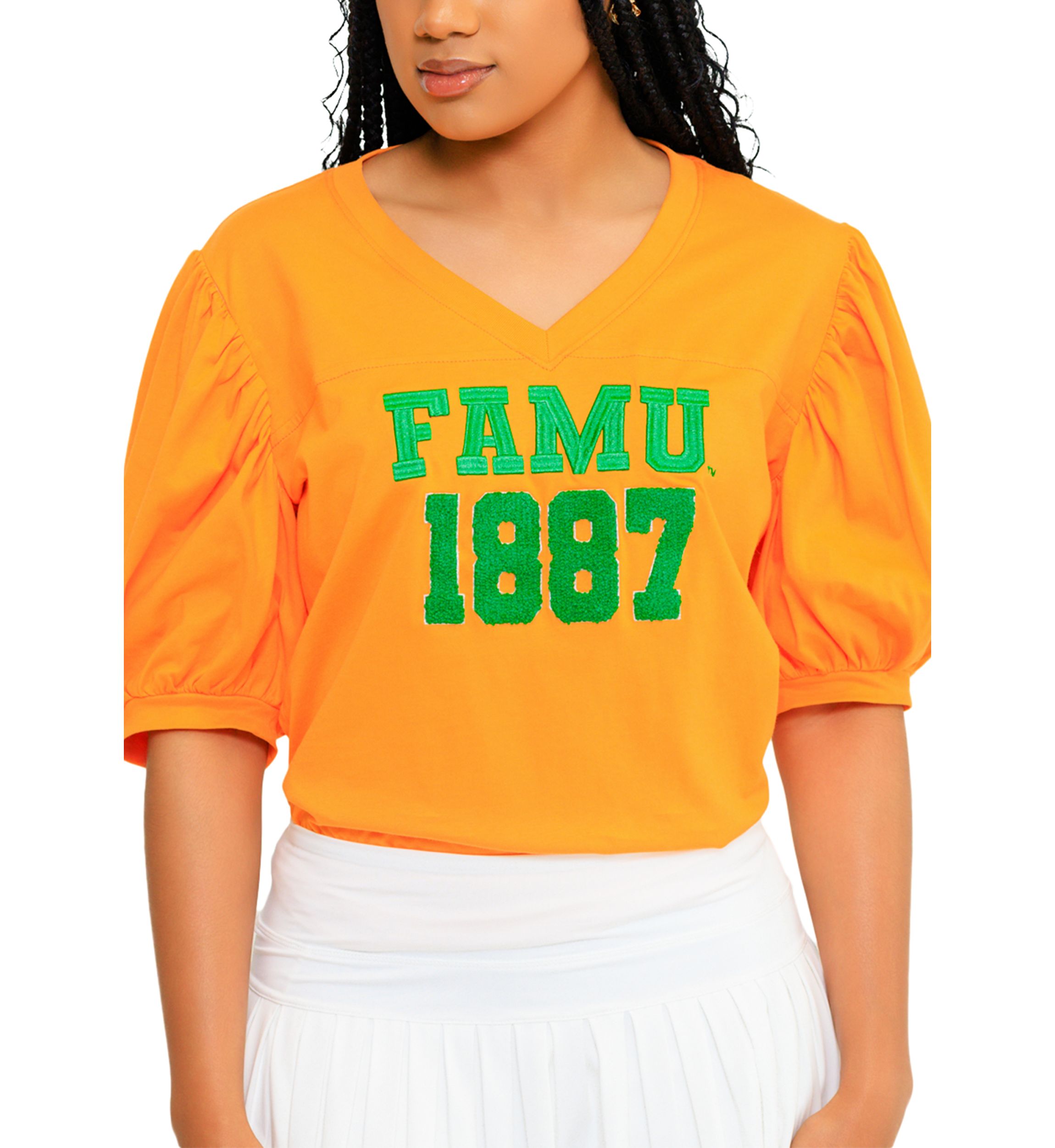 NCAA Florida A&M Rattlers FAMU Puff Sleeve V-Neck T-Shirt