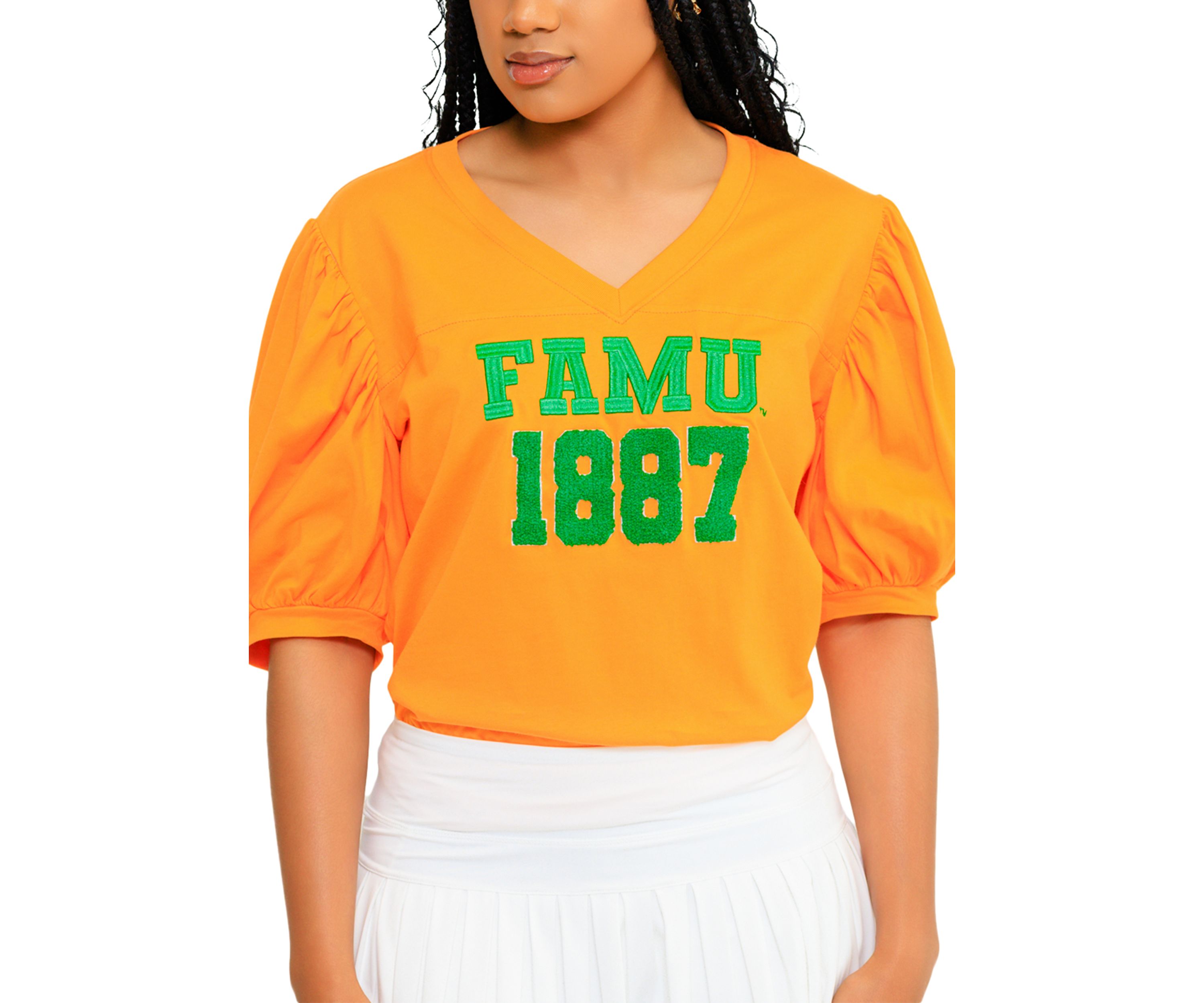 NCAA Florida A&M Rattlers FAMU Puff Sleeve V-Neck T-Shirt