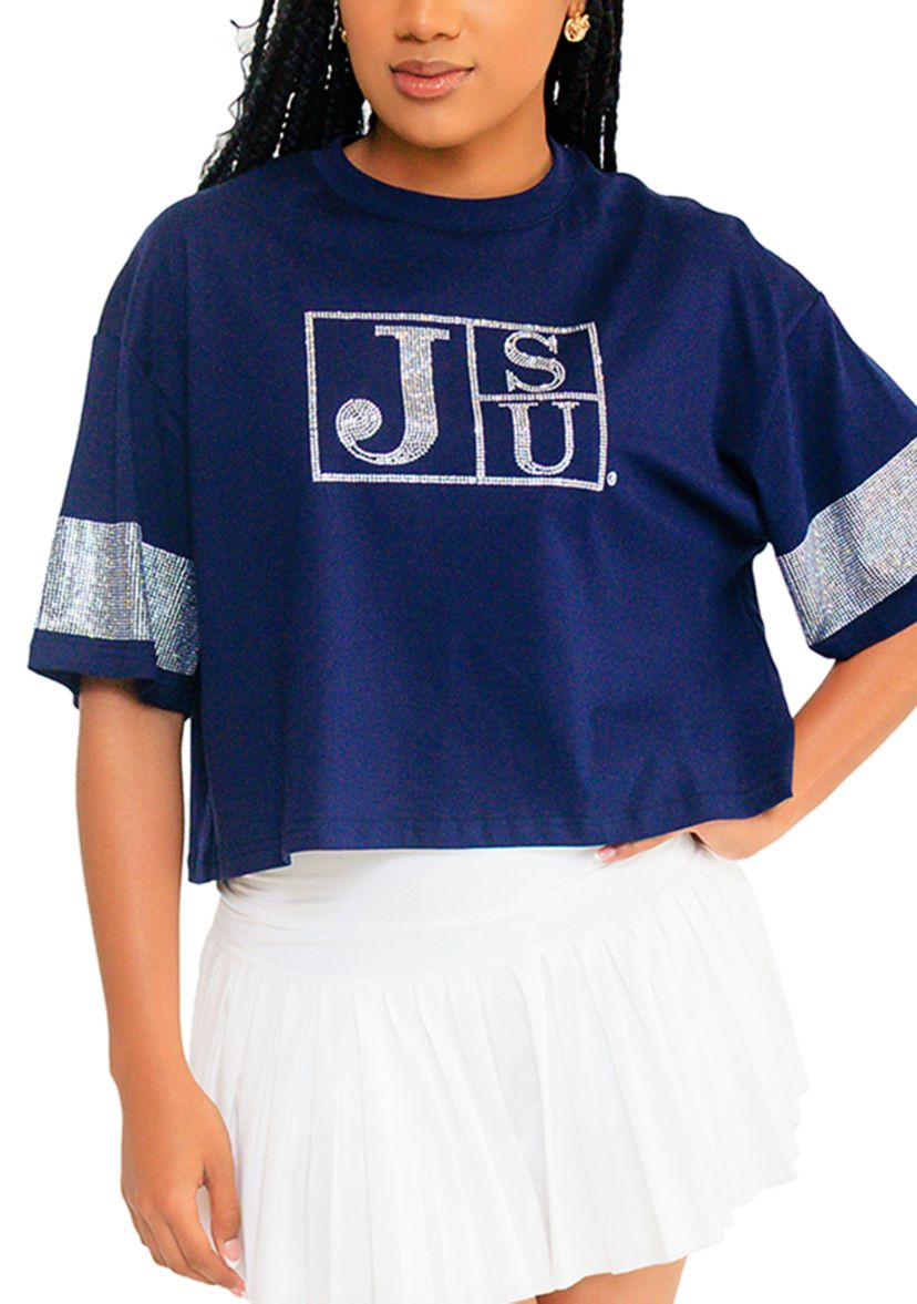 NCAA Jackson State Tigers University Cropped Rhinestone T-Shirt 