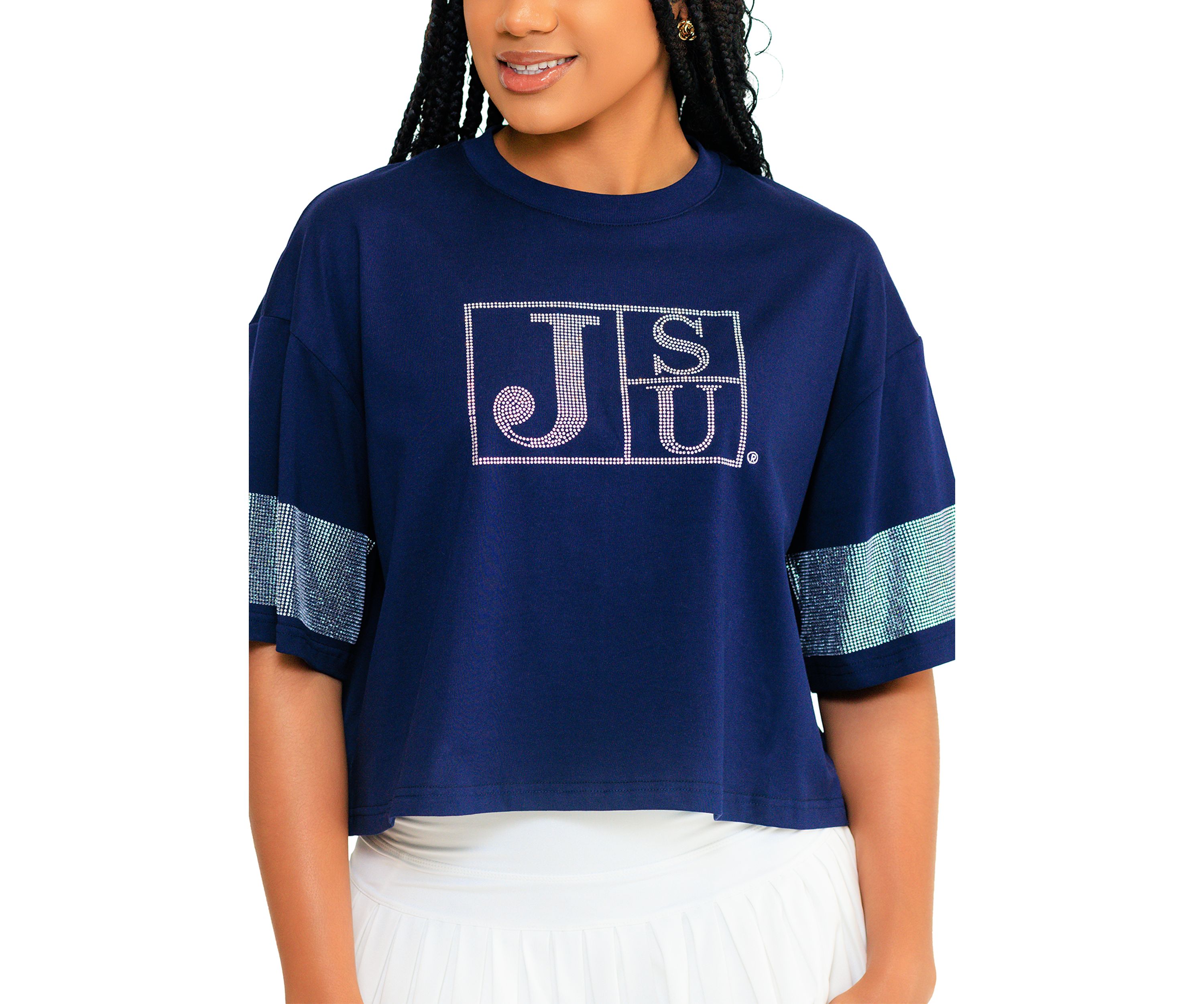 NCAA Jackson State Tigers University Cropped Rhinestone T-Shirt 