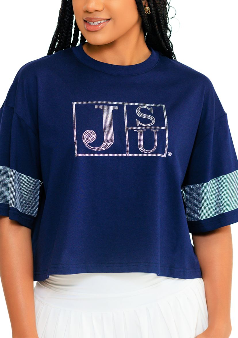 NCAA Jackson State Tigers University Cropped Rhinestone T-Shirt 