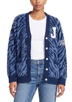 Colosseum Women's NCAA Jackson State Tigers Animal-Print Cardigan, Navy Blue, XL