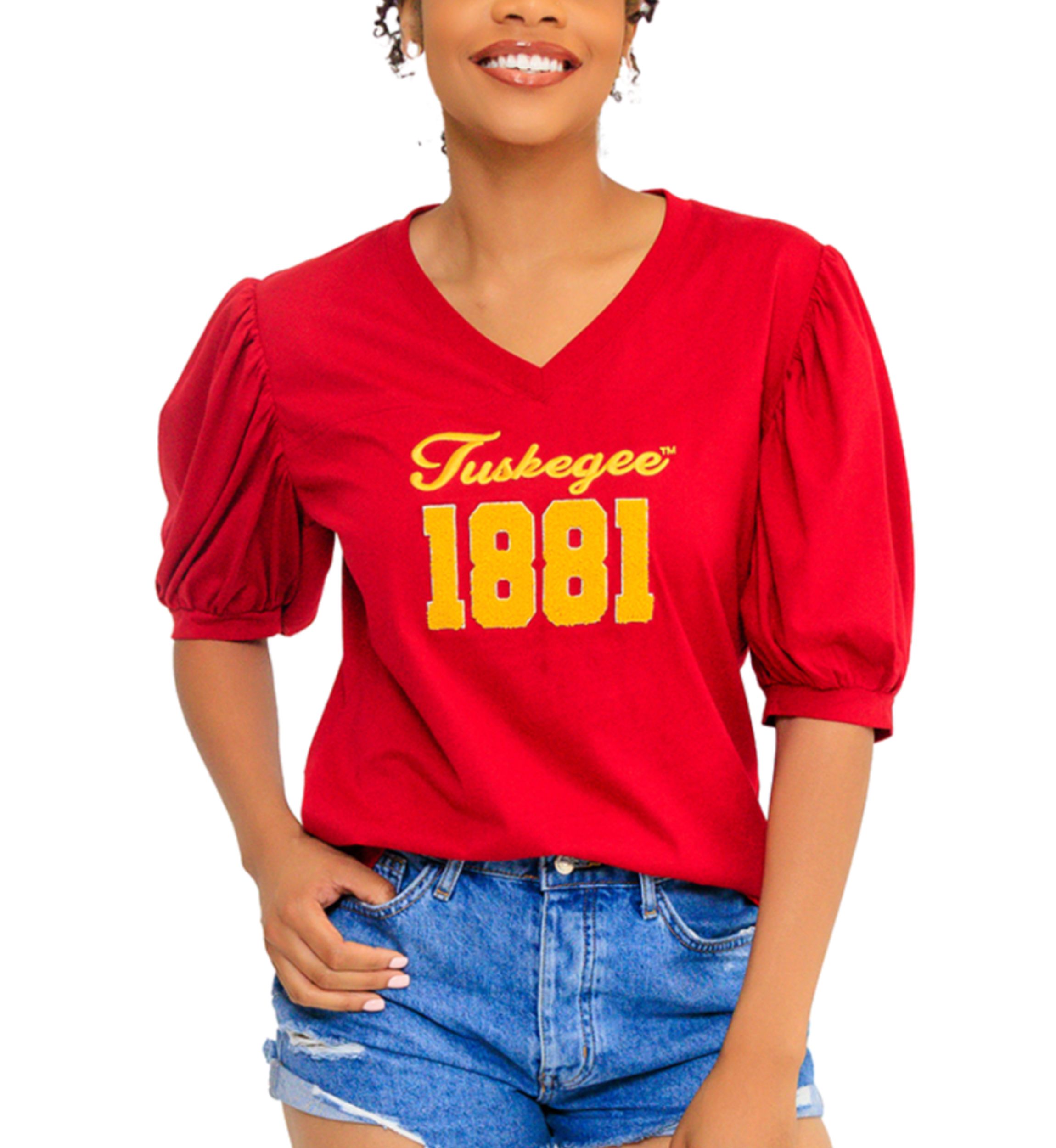 NCAA Tuskegee Golden Tigers V-Neck Puff Sleeve Top