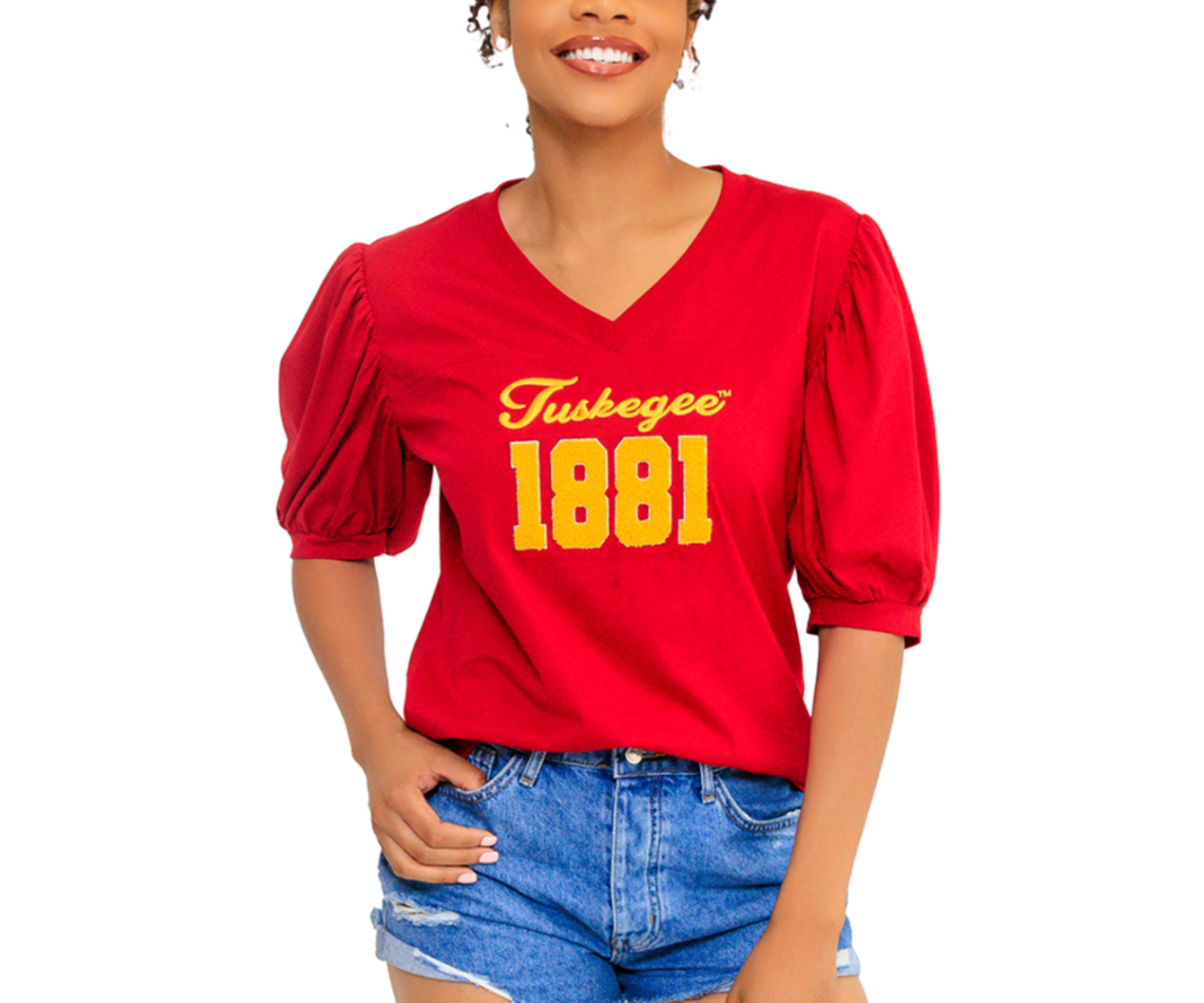 NCAA Tuskegee Golden Tigers V-Neck Puff Sleeve Top